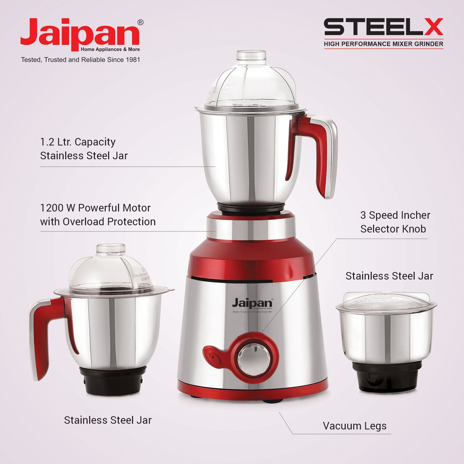 Image of Jaipan Steel X Mixer Grinder | Heavy Duty Motor | 1200 W Mixer Grinder