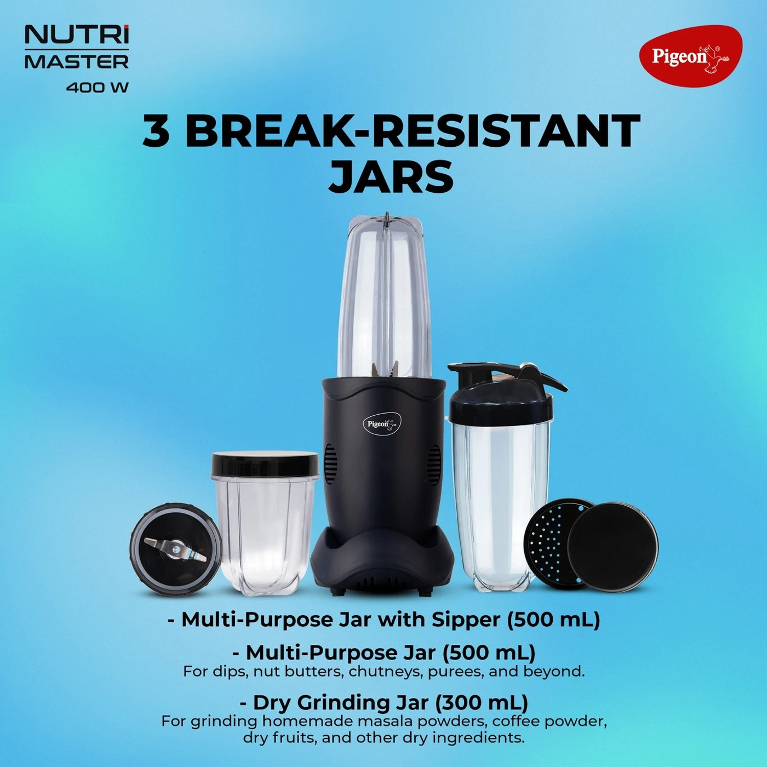 Image of Pigeon 18000 RPM Mixer Grinder Juicer Blender with 3 Jars, Sipper & Strainer Lid 400 W Juicer Mixer Grinder