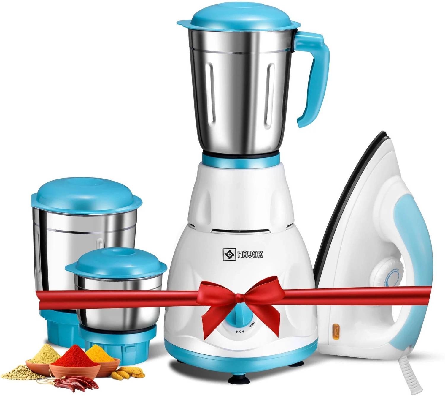 Havok 750 W Mixer Grinder (1100 W Dry Iron Combo 3 Jars Blue