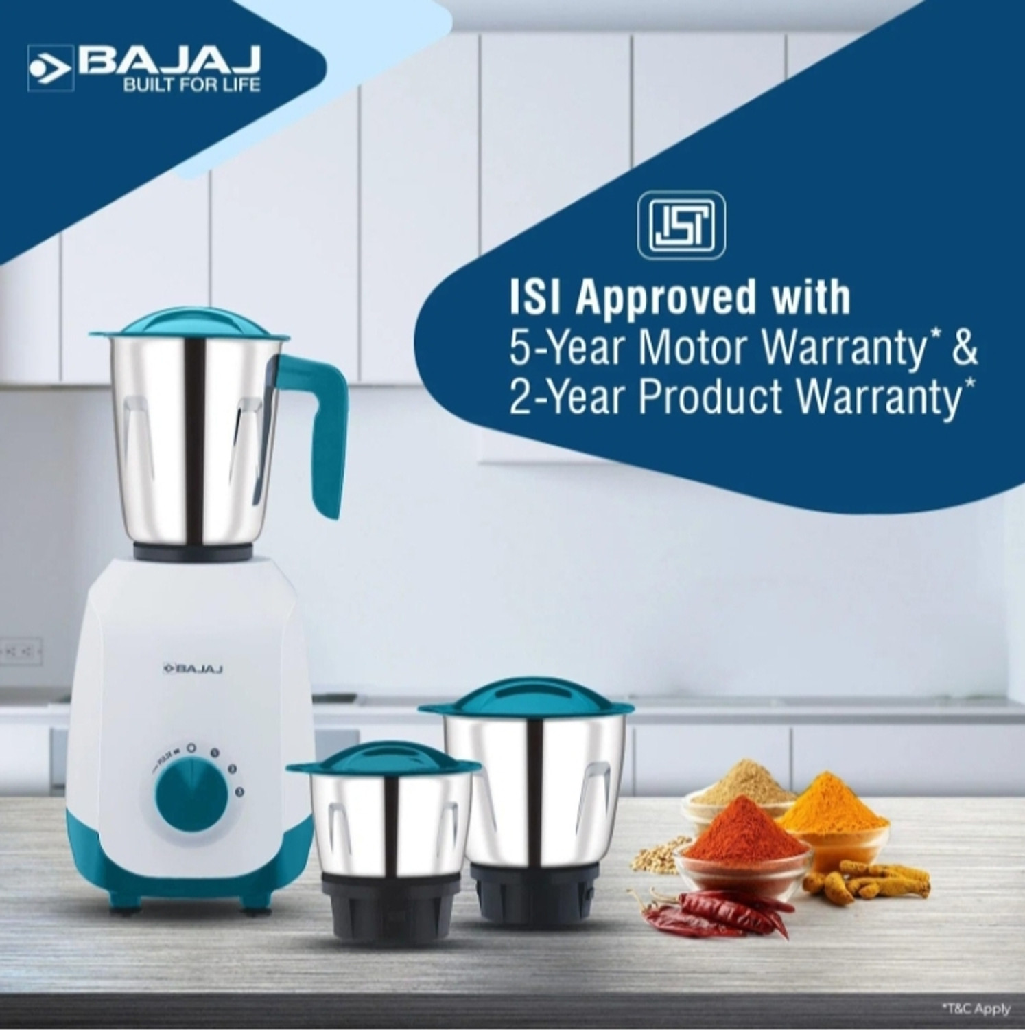 Image of BAJAJ Notch 500w 500 W Mixer Grinder (NOTCH 500W | 3 Jars | Blue)