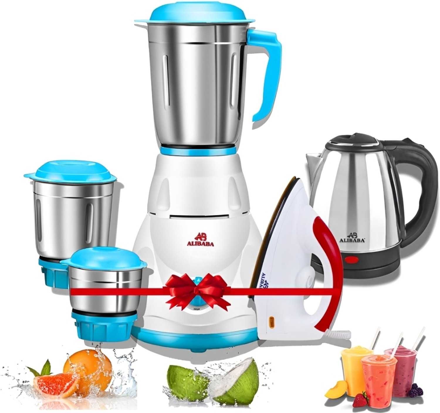 Image of Alibaba Super Combo Pearl Electric Kettle (2L, Silver), 750 W Magic Dry Iron (Red), 550 W Mixer Grinder