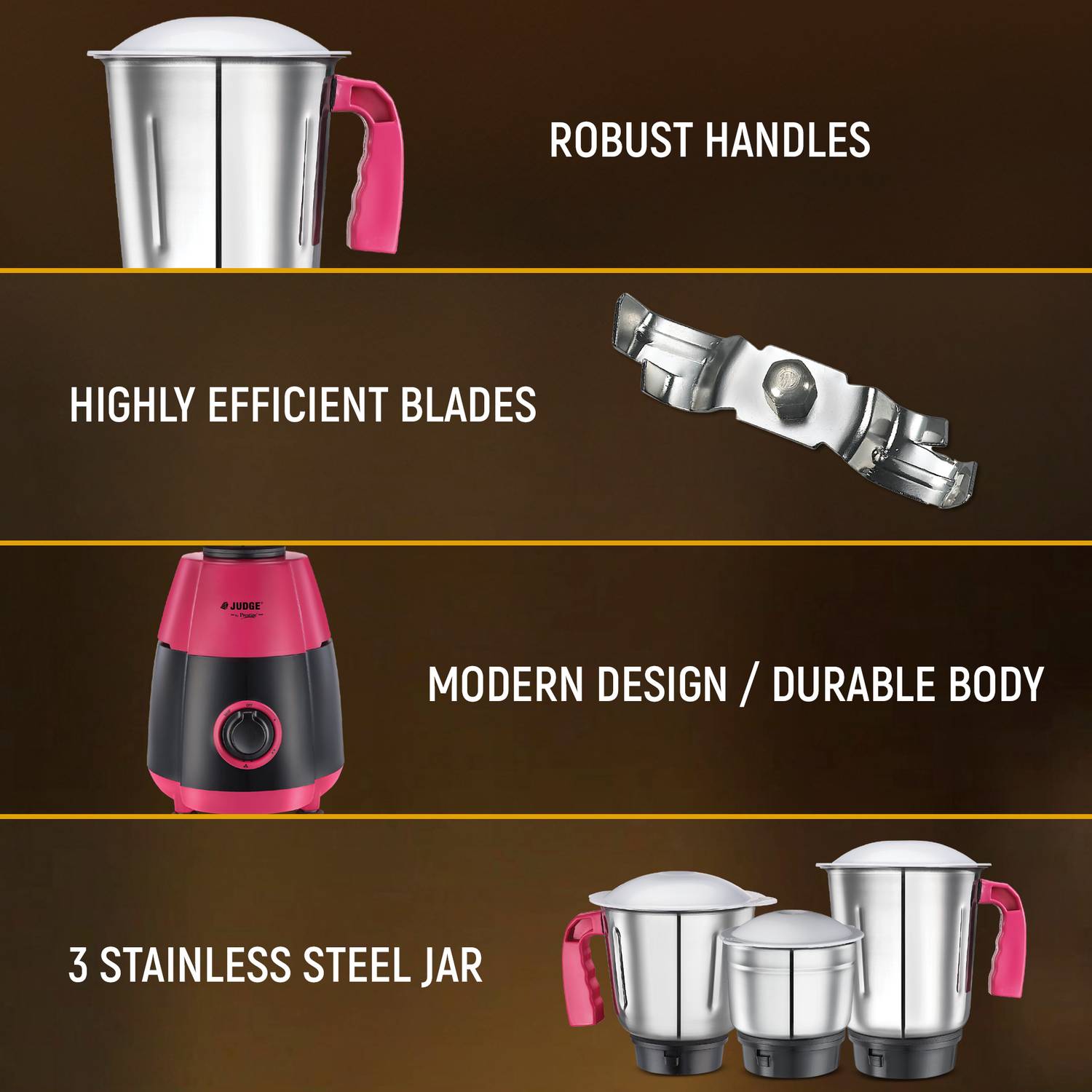 Judge Aura Overload protection|Robust Handles 750 W Mixer Grinder