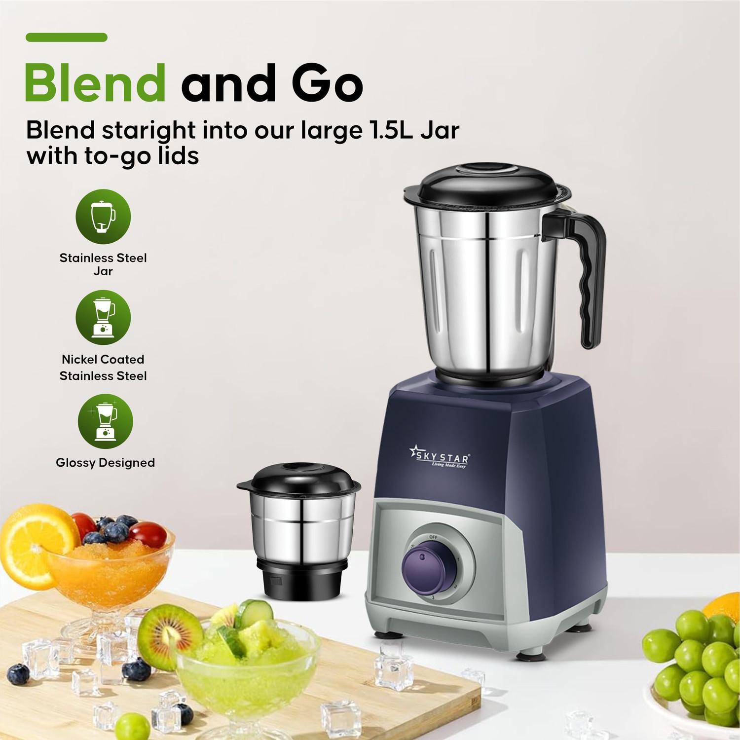 Image of Skystar Powerful Navy Mixer With 4 Jar 750 W Juicer Mixer Grinder