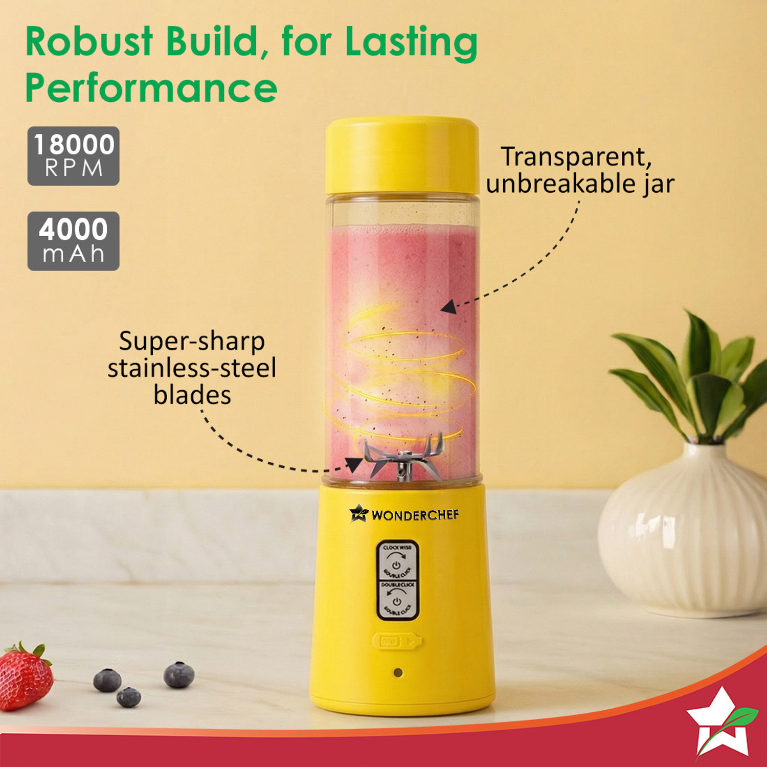 Image of WONDERCHEF Twister Portable Blender 500ml, For Crushing Ice, Shakes & Salad Dressings, 150 W Juicer