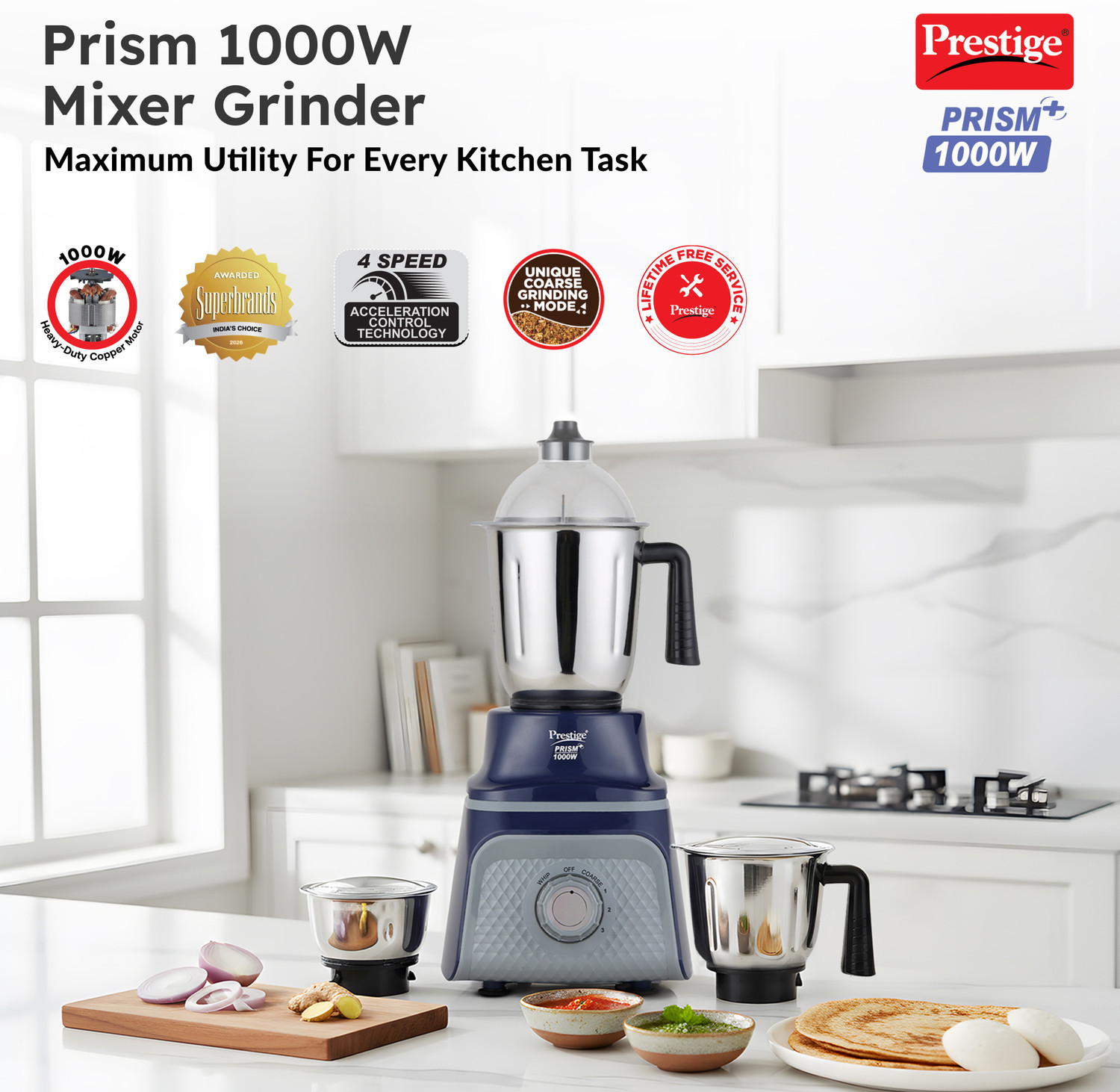 Image of Prestige Prism Plus |3 super efficient blades|4 Speed Control|Unique Coarse Grinding Mode 1000 W Mixer Grinder