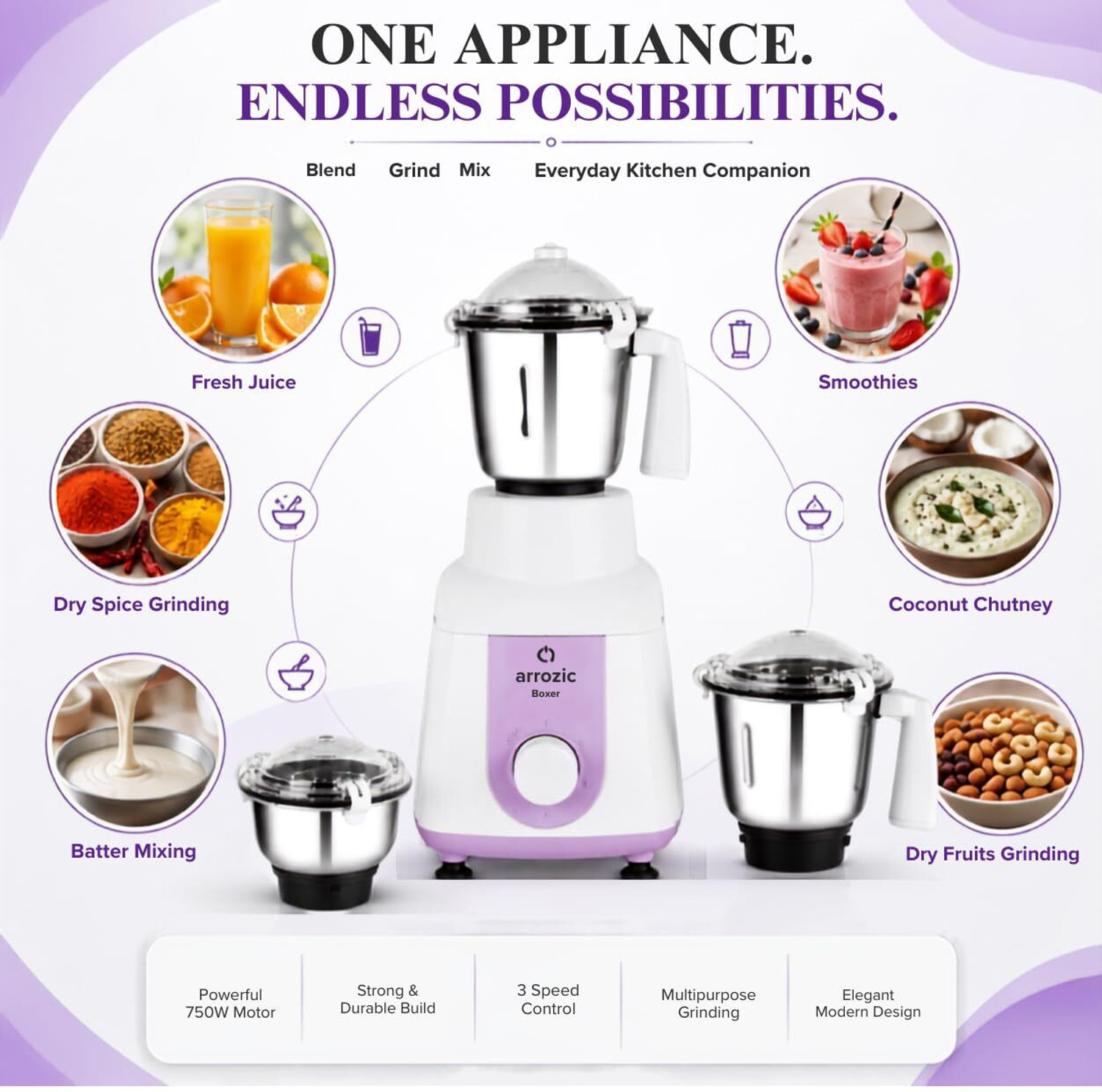 Image of arrozic Boxer | 2 Year Product & 5 Year Motor Warranty | 750 W Mixer Grinder (Boxer | 3 Jars | White & Lavender)