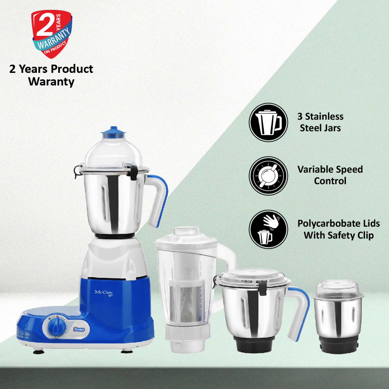 Image of Mccoy Turbo Mixer Grinder 750 W Mixer Grinder (Turbo | 4 Jars | blue / white)