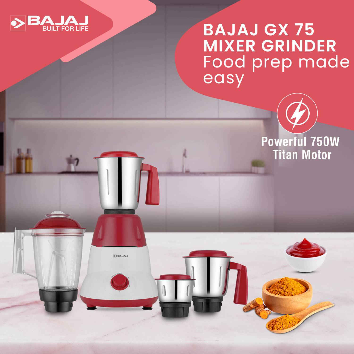 BAJAJ GX-75 750W Mixer Grinder White - Image 2