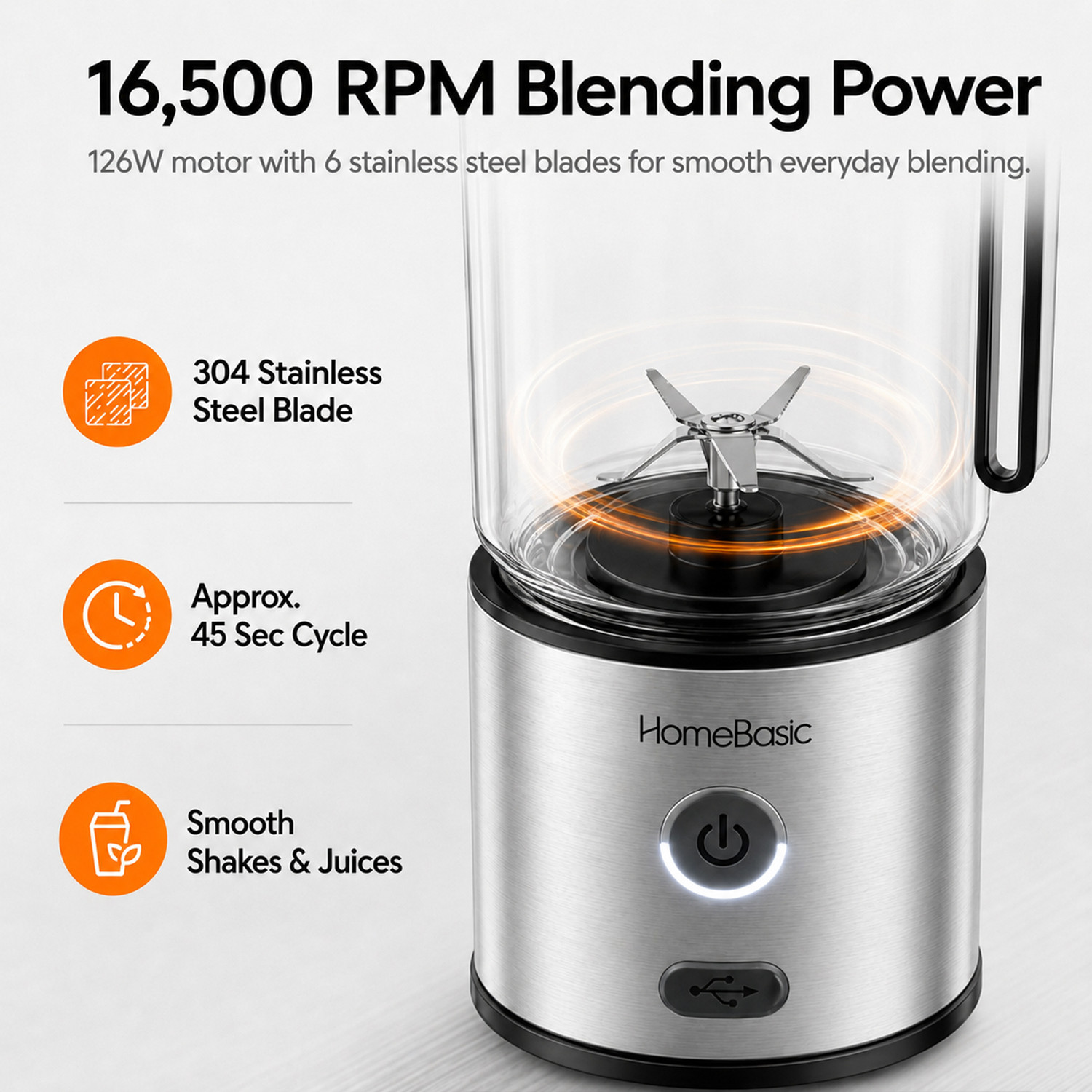 Image of HOMEBASIC Portable Blender 450ml | USB Rechargeable | Glass Jar | Smoothies & Juices 700 W Juicer Mixer Grinder