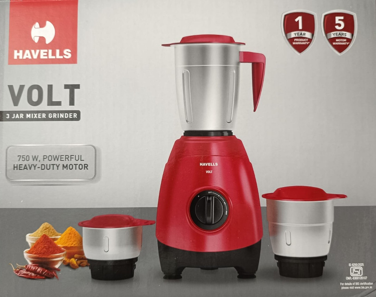 Image of HAVELLS VOLT 3 JAR 750 WATT GREY 750 W Mixer Grinder
