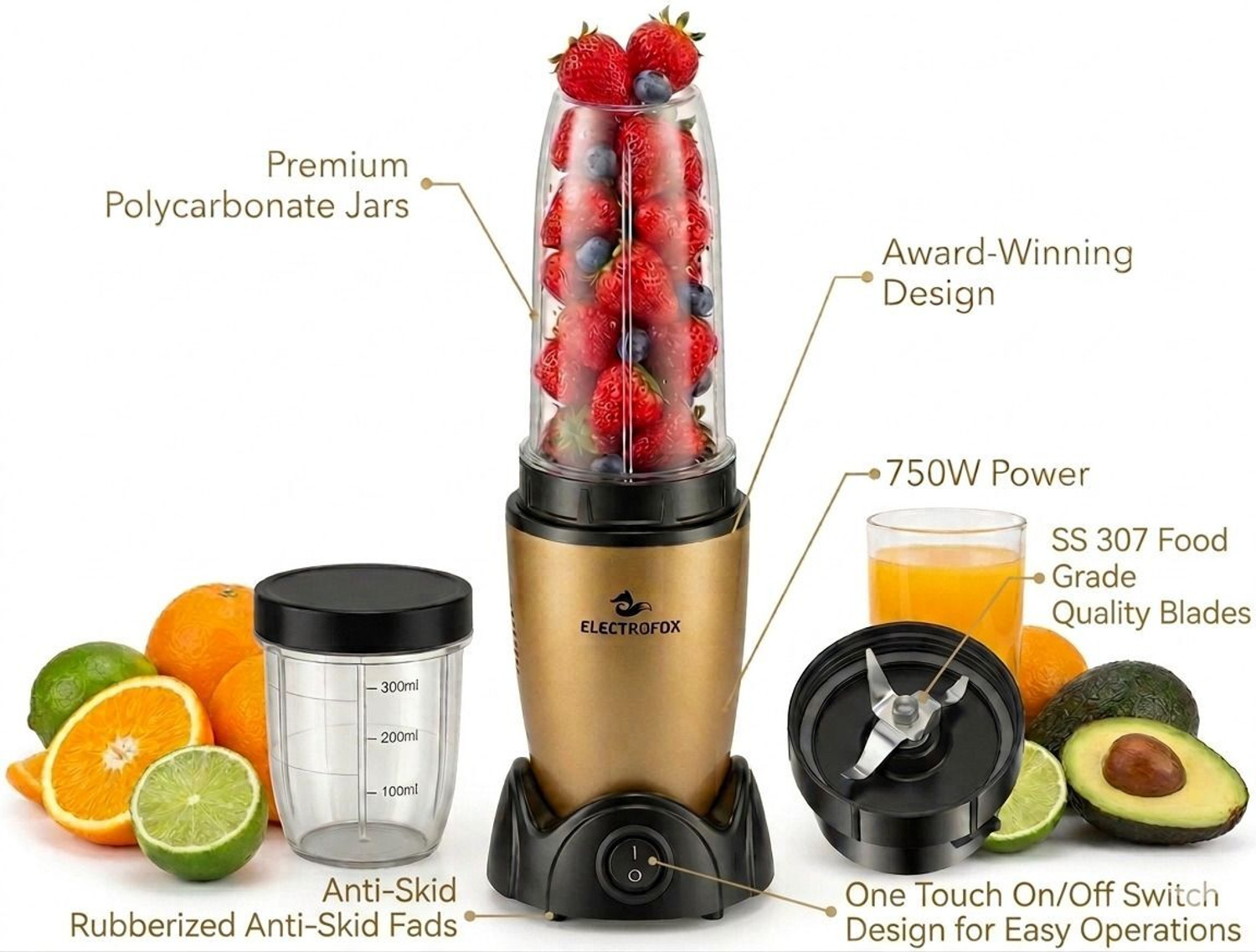 Image of Electrofox Blendo+ 2 Jar Nutri Blender 750 W Juicer Mixer Grinder