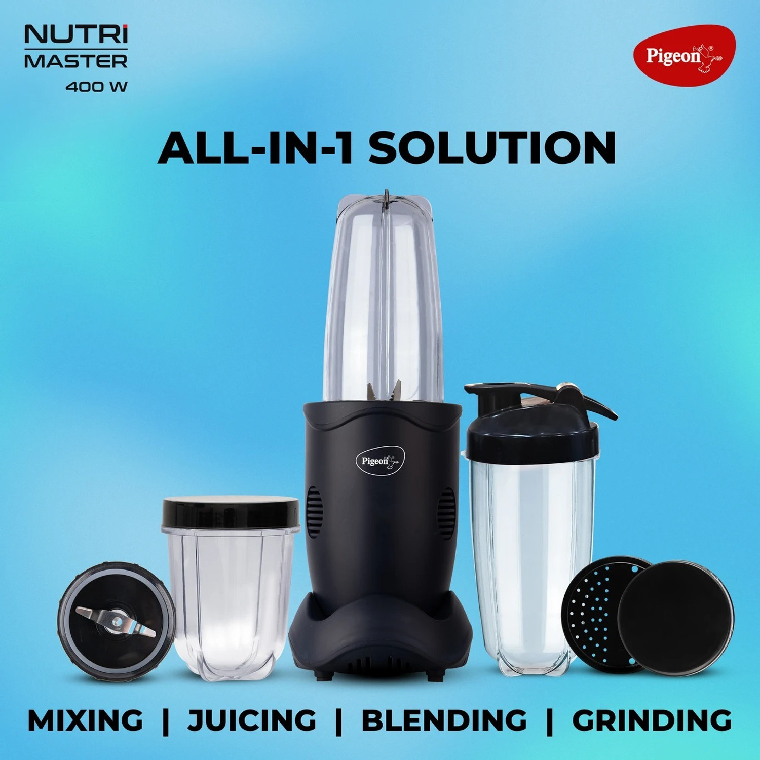Image of Pigeon 18000 RPM Mixer Grinder Juicer Blender with 3 Jars, Sipper & Strainer Lid 400 W Juicer Mixer Grinder