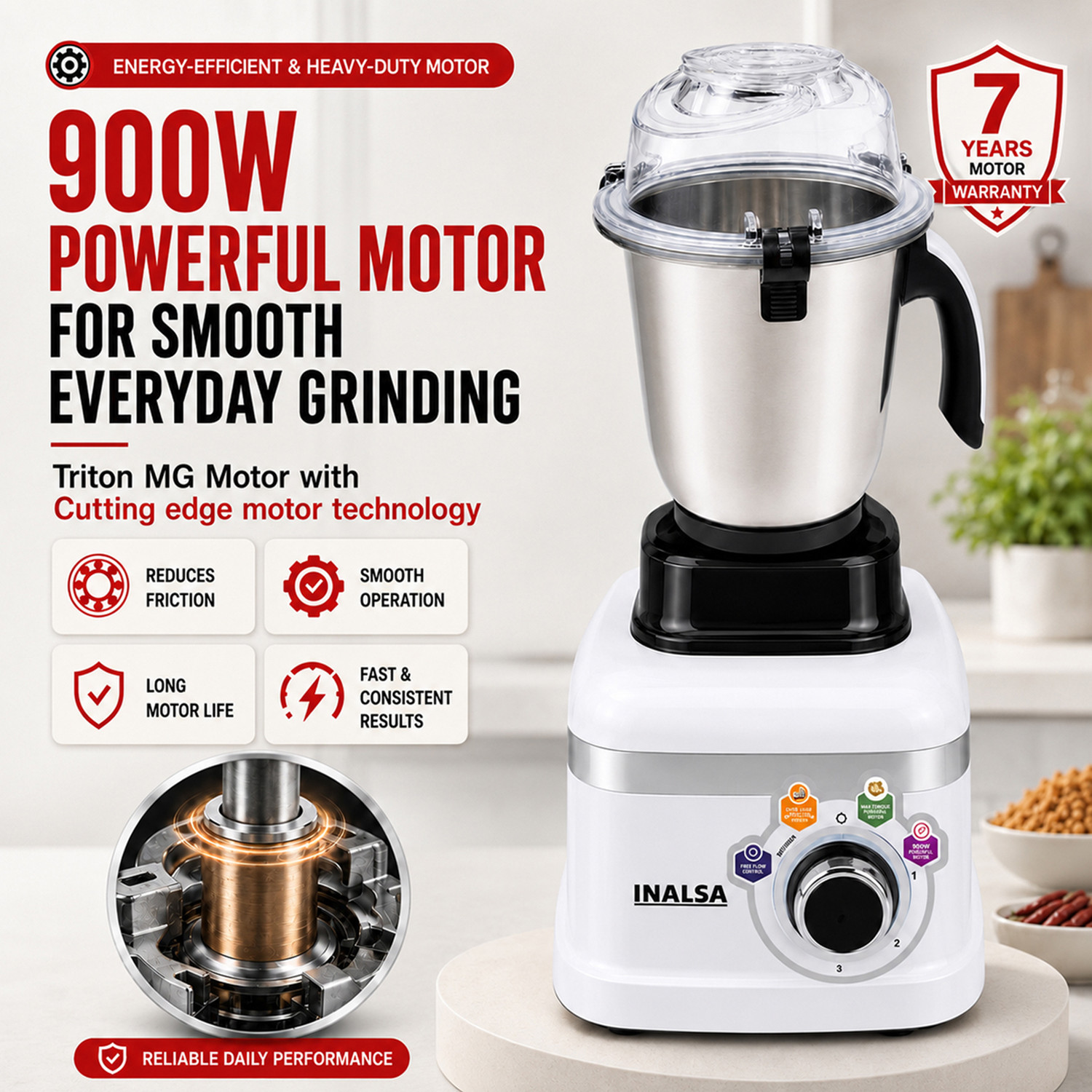 Image of Inalsa Triton 900 (MG+FP) 900 W Juicer Mixer Grinder (Triton FP 900W 3-in-1 Mixer Grinder, Food Processor, Juicer & Atta Kneading | 4 Jars | White)
