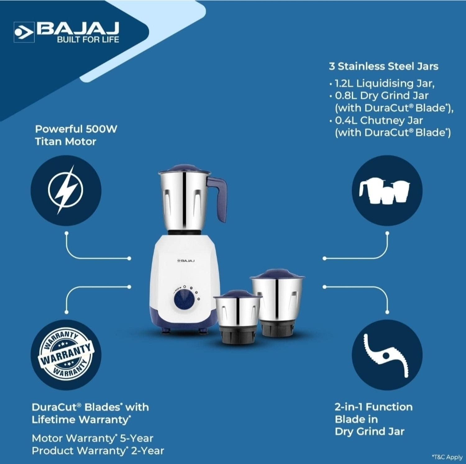 Image of BAJAJ MIXER GRINDER BUILT FOR LIFE 500 W Mixer Grinder