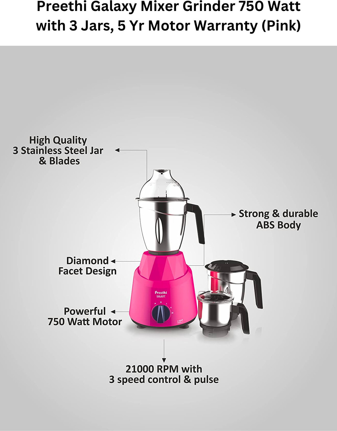 Image of Preethi by PREETHI MG 225 750 W Juicer Mixer Grinder