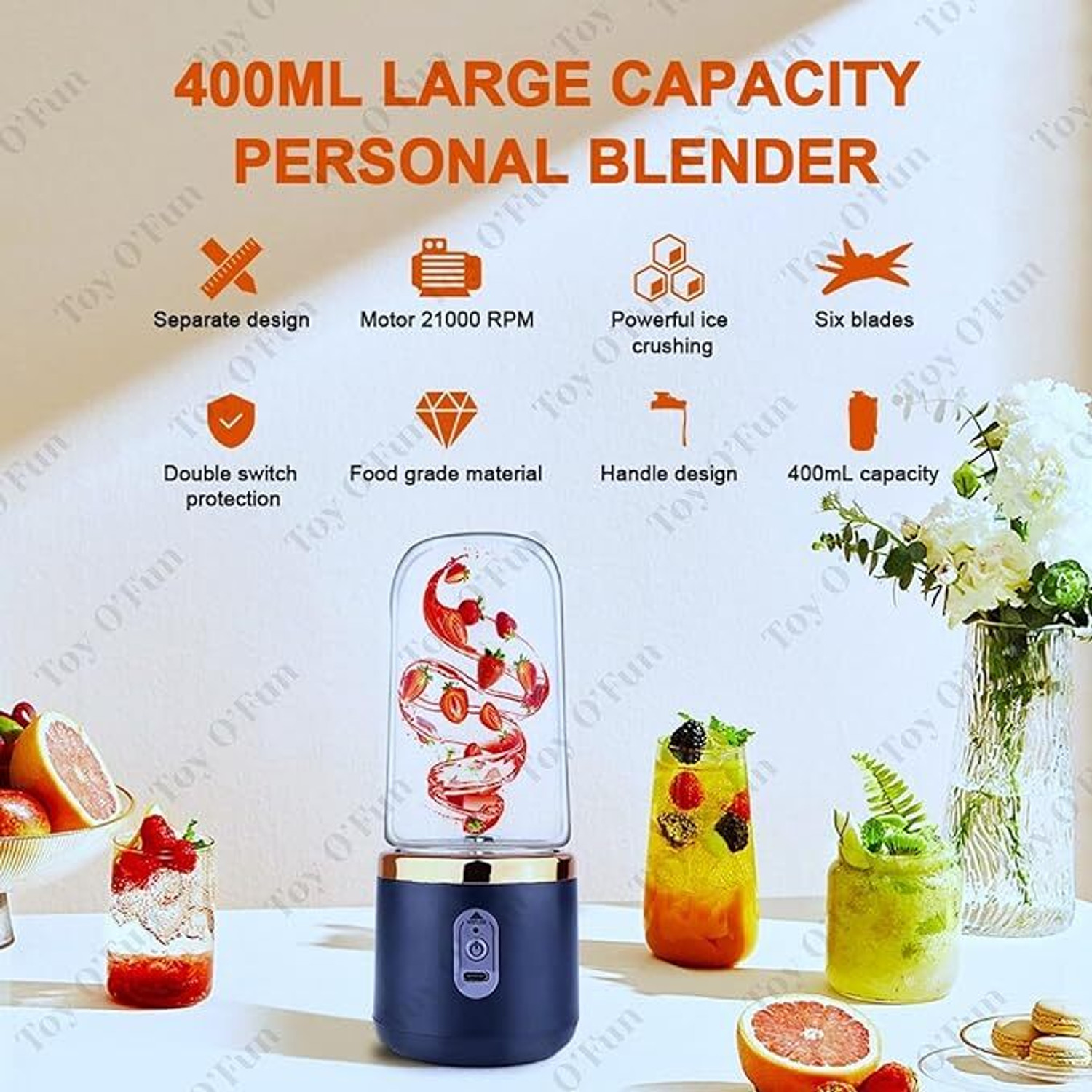 Image of Home Bargains Portable USB Rechargeable Blender 400| 6 Blade Juicer Mixer Grinder 50 W Juicer