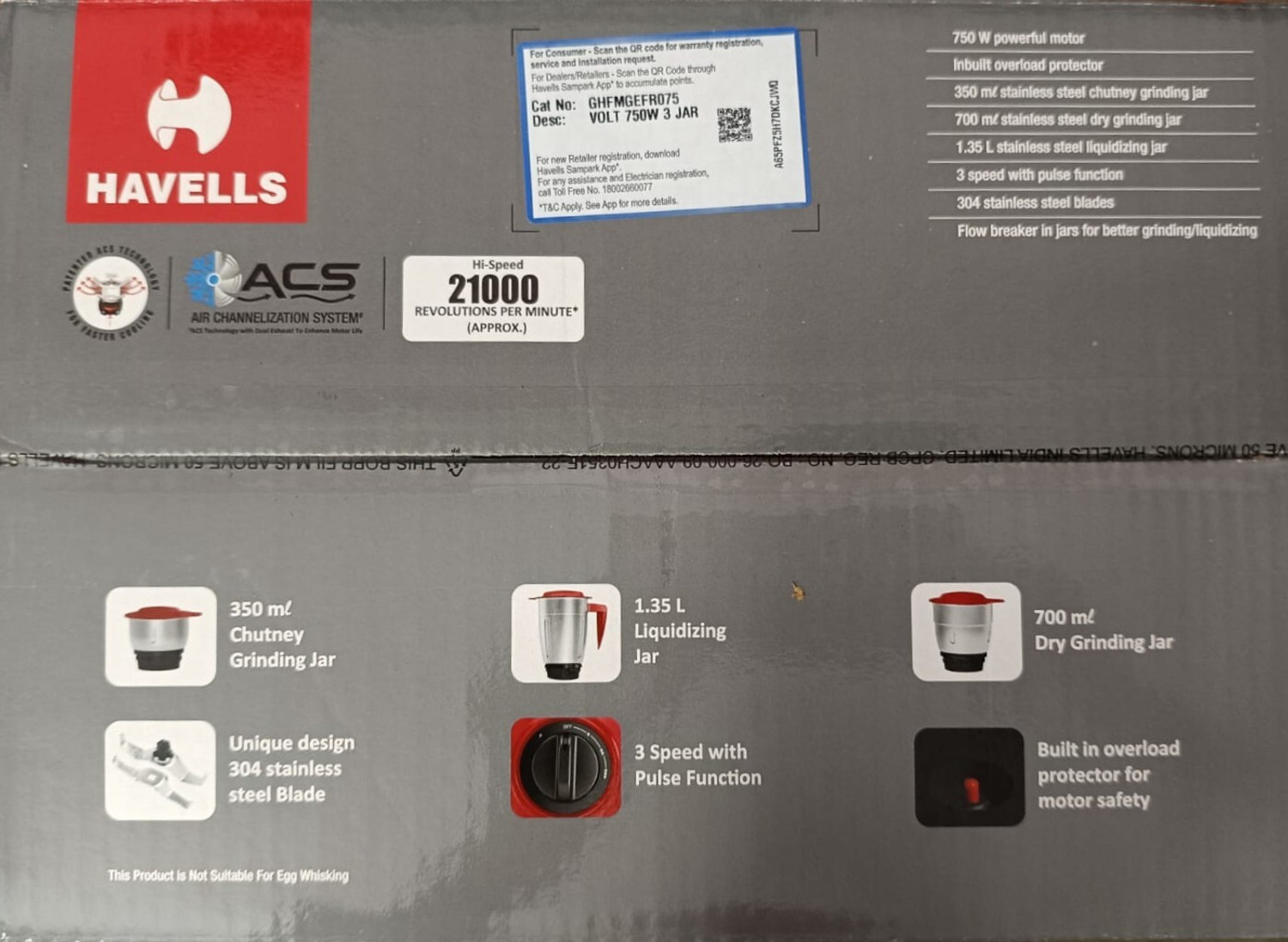Image of HAVELLS VOLT 3 JAR 750 WATT GREY 750 W Mixer Grinder