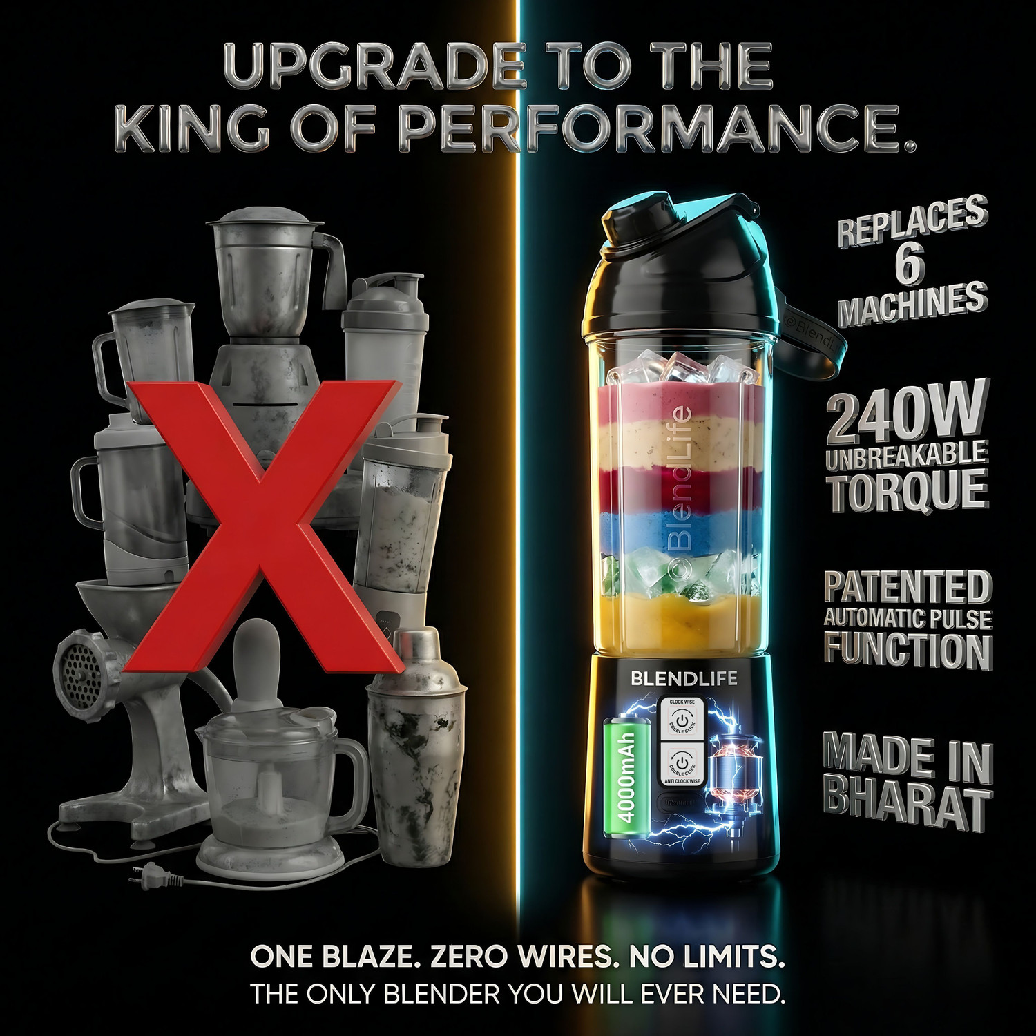 Image of BlendLife Portable Blender, 700ml, Patented Pulse Mode & Reverse Blend, Made in Bharat 240 W Juicer Mixer Grinder