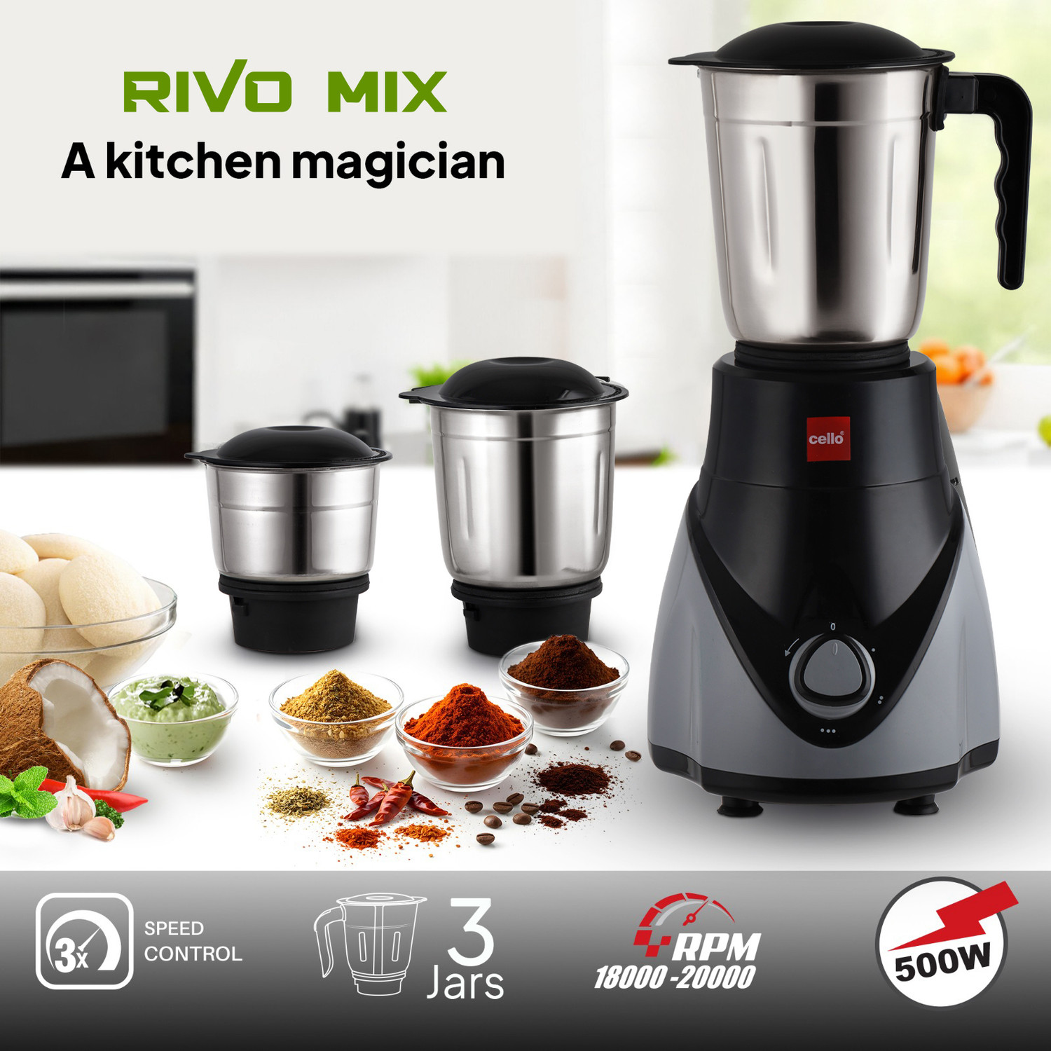 Image of cello Rivo Mix ISI Certified | 3 SS Jars | Powerful Copper Motor 500 W Mixer Grinder