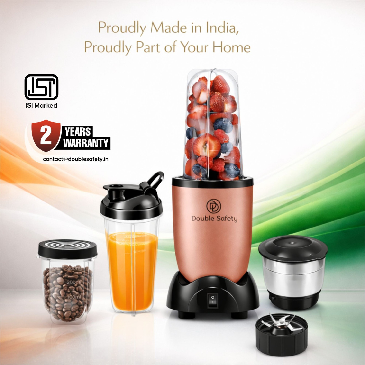 Image of Double Safety Blender for Smoothies, Shakes, Chutney & Dry Grinding Copper Colour 500 W Juicer Mixer Grinder