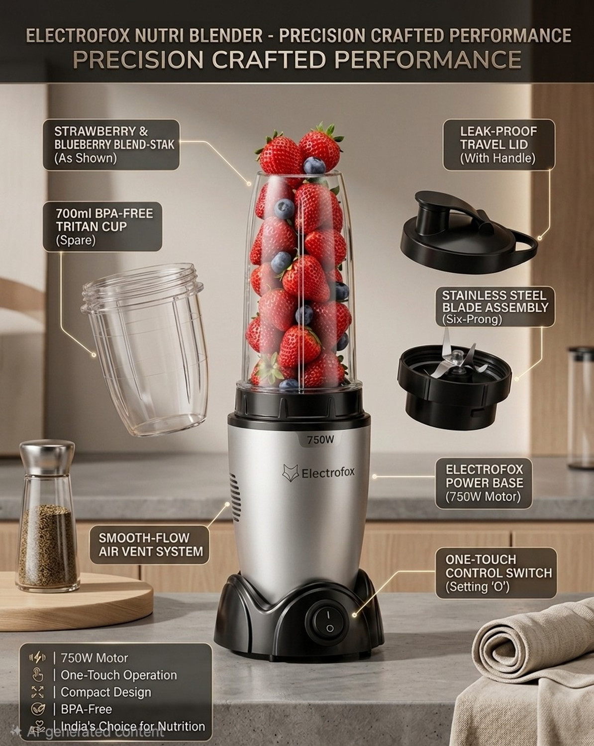 Image of Electrofox Blendo+ 2 Jar Nutri Blender 750 W Juicer Mixer Grinder