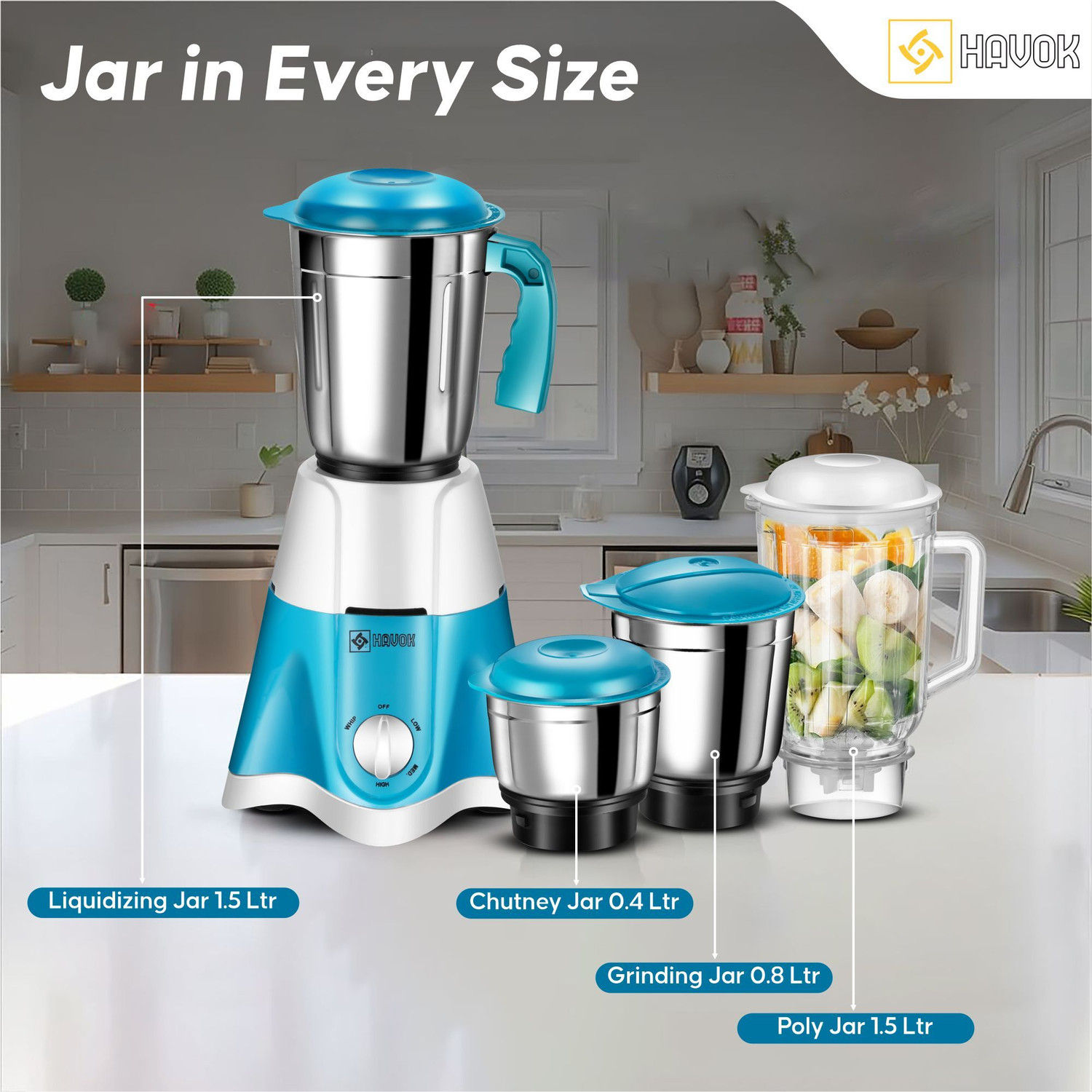 Image of Havok 750 Watt Mixer Grinder With 1100 W Dry Iron & Kettle | 4 Jars | Blue & White 750 W Juicer Mixer Grinder