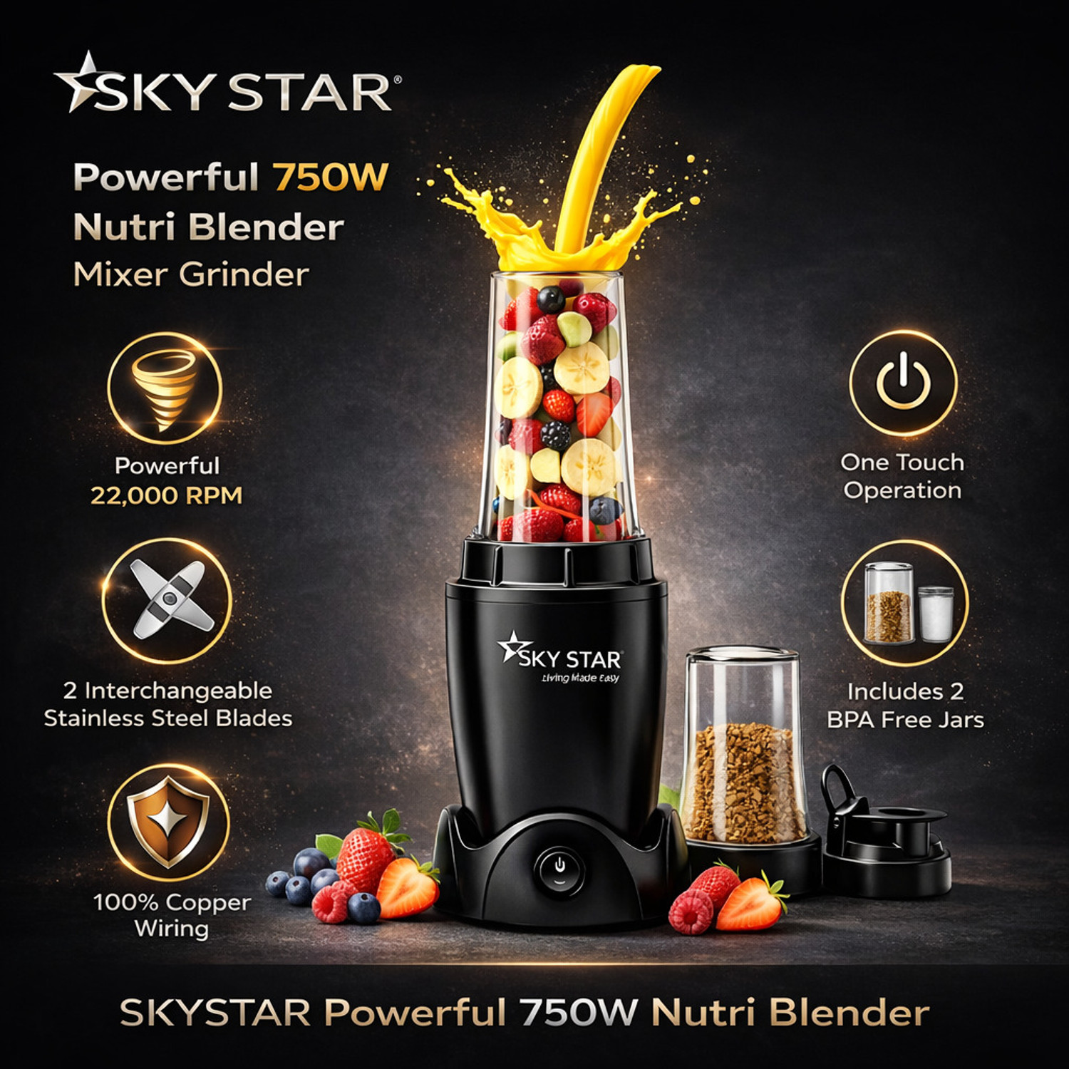 Image of Skystar 2 Jar Black Bullet Nutri 750 W Juicer Mixer Grinder
