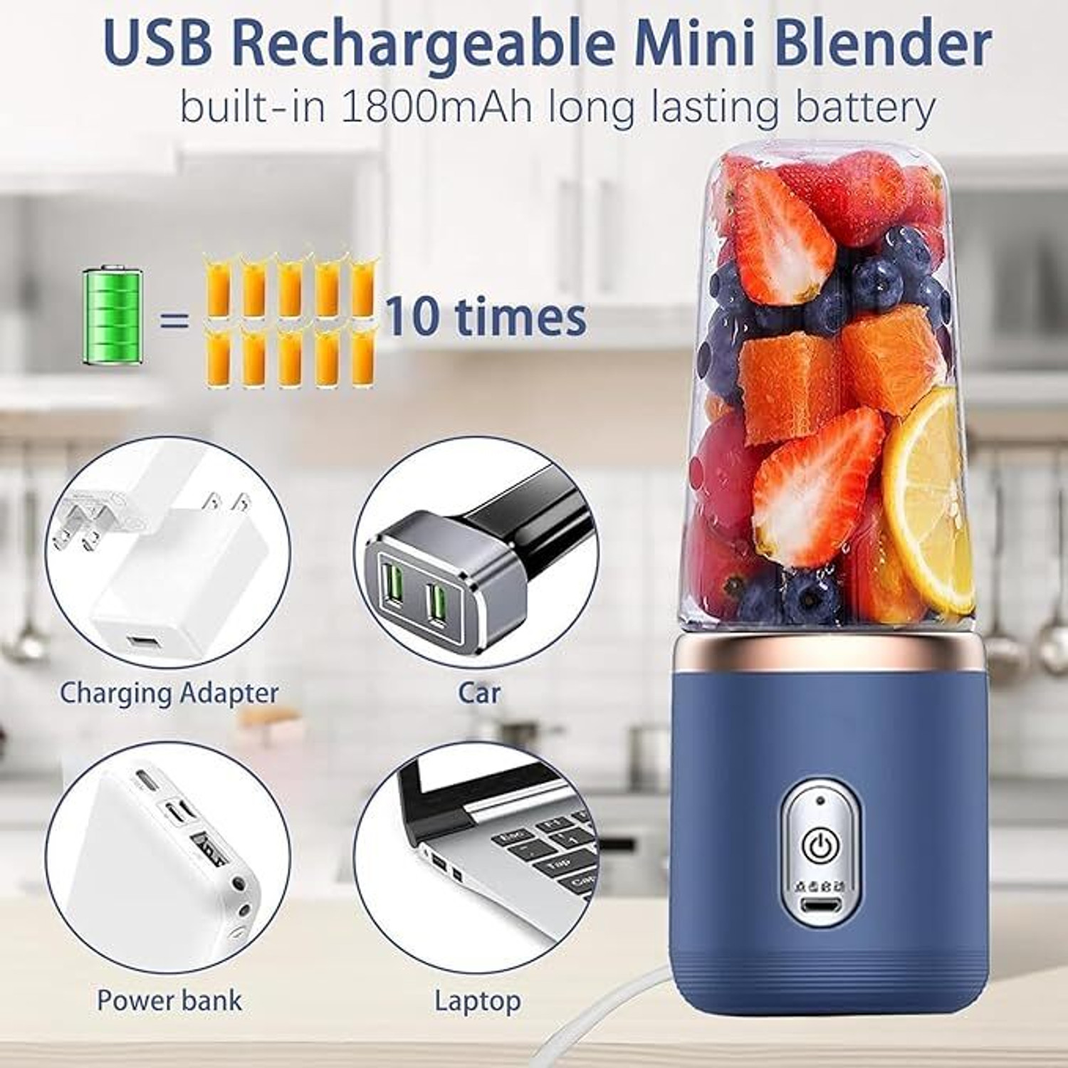 Image of Home Bargains Portable USB Rechargeable Blender 400| 6 Blade Juicer Mixer Grinder 50 W Juicer