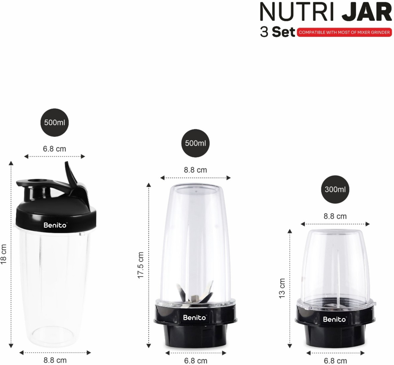 Image of Benito Nutri Bullet Jar Set(500&300ml)with Sipper Bottle-Compatible with Mixer Grinder Mixer Juicer Jar