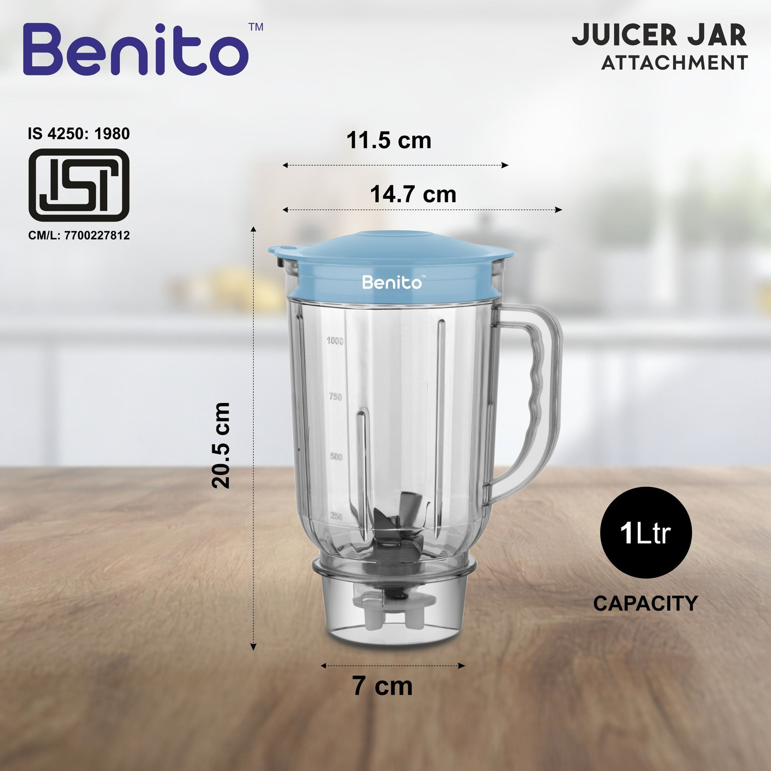 Image of Benito Crystal Juicer Jar 1L - Unbreakable Transparent Polycarbonate with Blade Mixer Juicer Jar