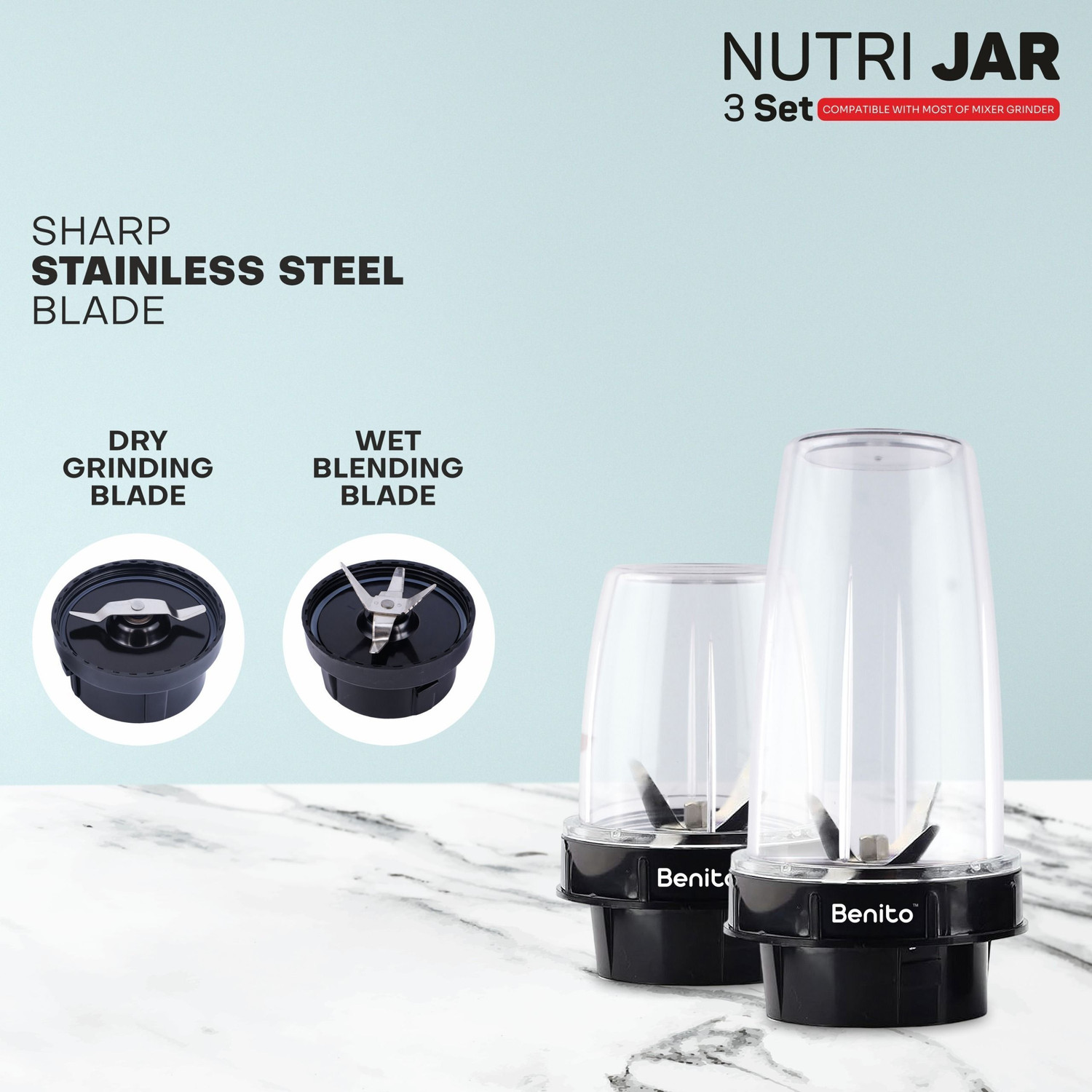 Image of Benito Nutri Bullet Jar Set(500&300ml)with Sipper Bottle-Compatible with Mixer Grinder Mixer Juicer Jar