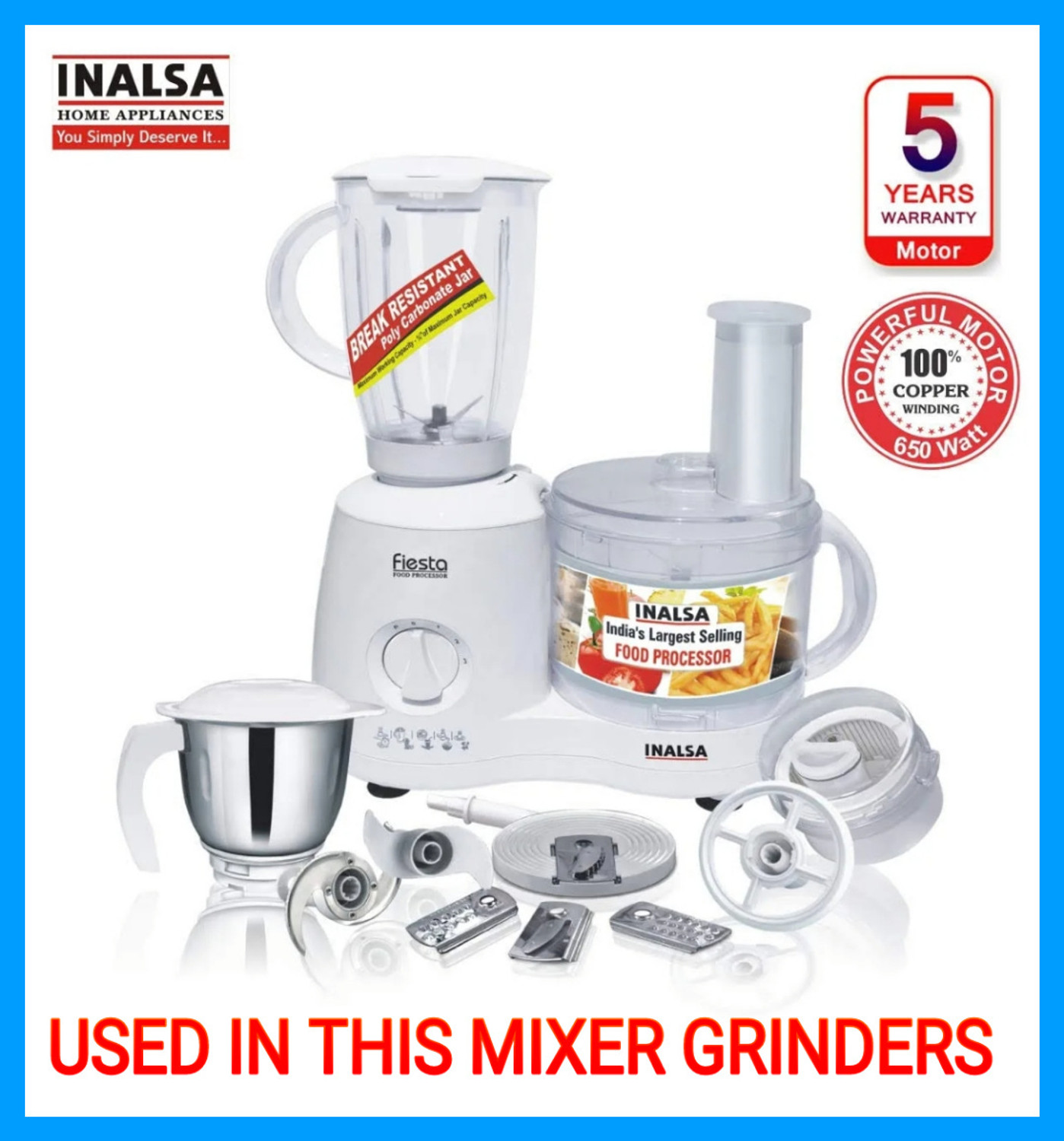 Image of Inalsa Food Processor Chutney & Grinder Jar inchFiesta / Craze DX & Wonder Maxie Plus V2 inch Mixer Juicer Jar