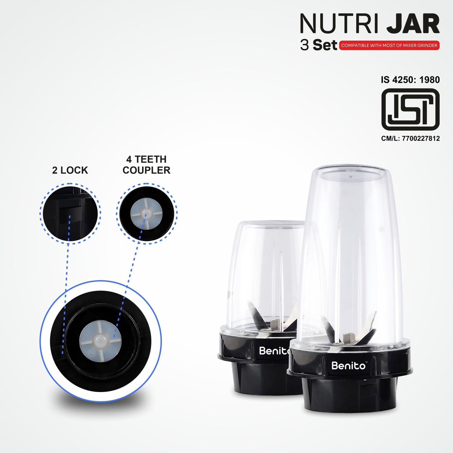 Image of Benito Nutri Bullet Jar Set(500&300ml)with Sipper Bottle-Compatible with Mixer Grinder Mixer Juicer Jar