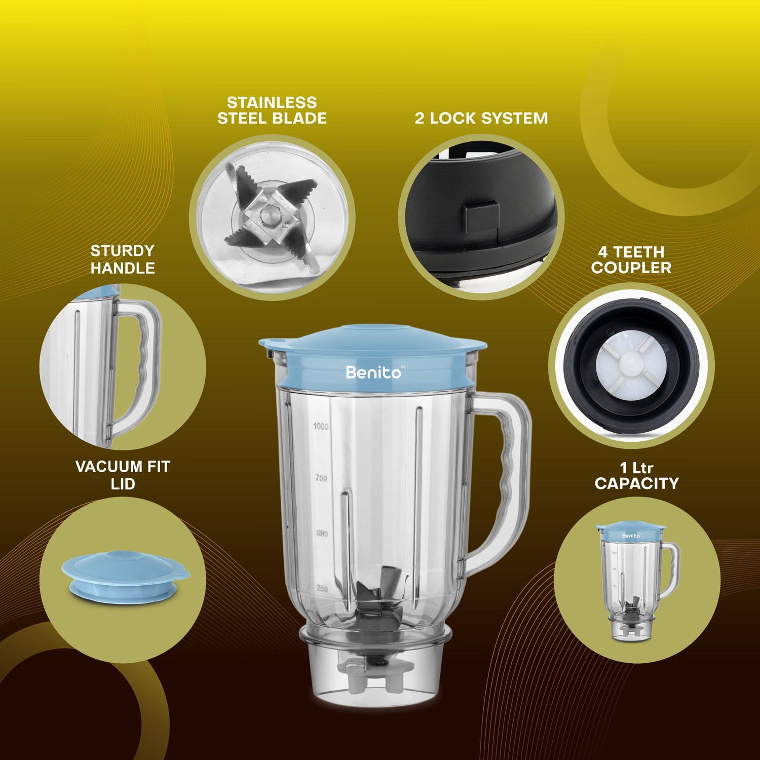 Image of Benito Crystal Juicer Jar 1L - Unbreakable Transparent Polycarbonate with Blade Mixer Juicer Jar