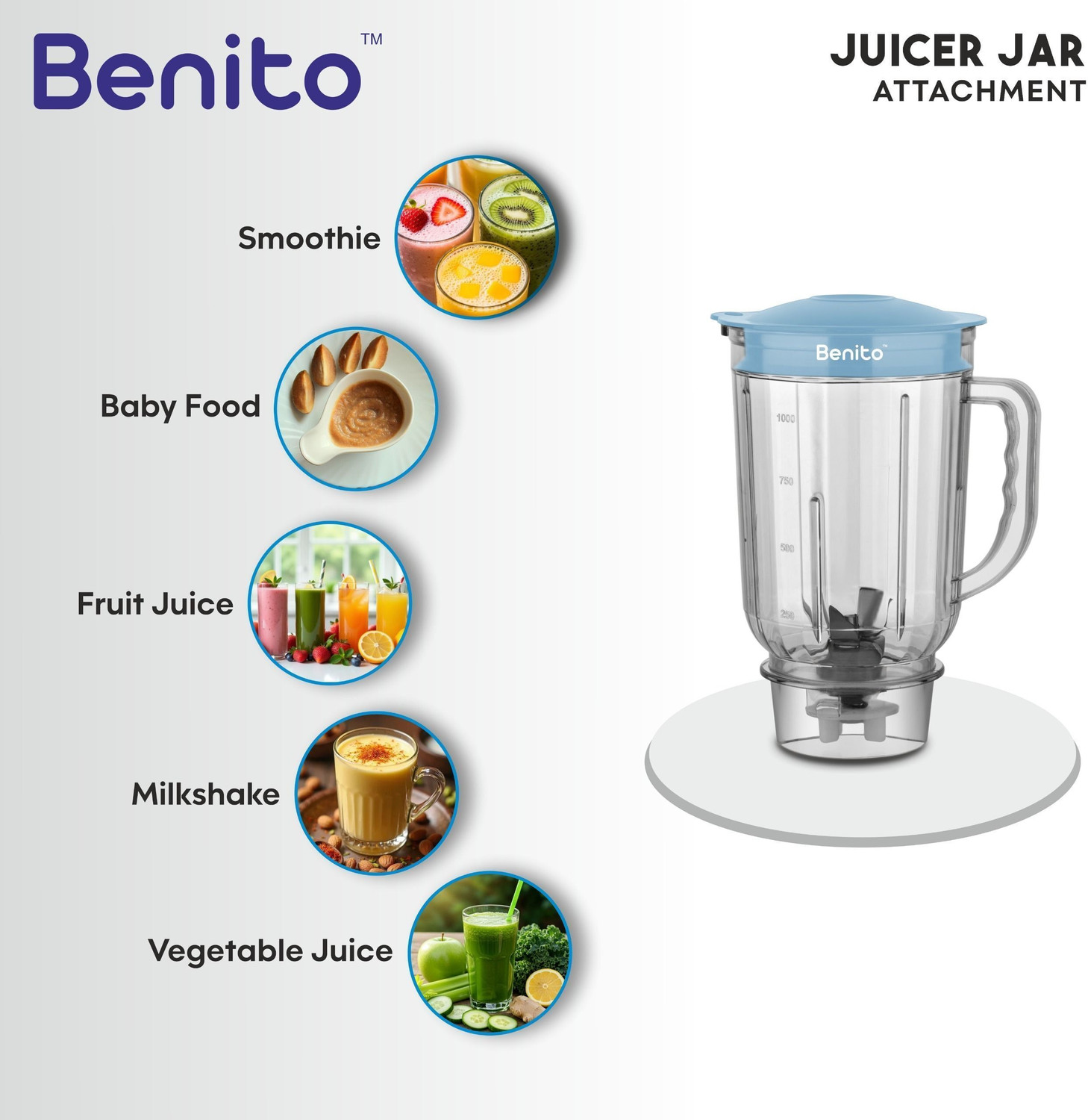 Image of Benito Crystal Juicer Jar 1L - Unbreakable Transparent Polycarbonate with Blade Mixer Juicer Jar