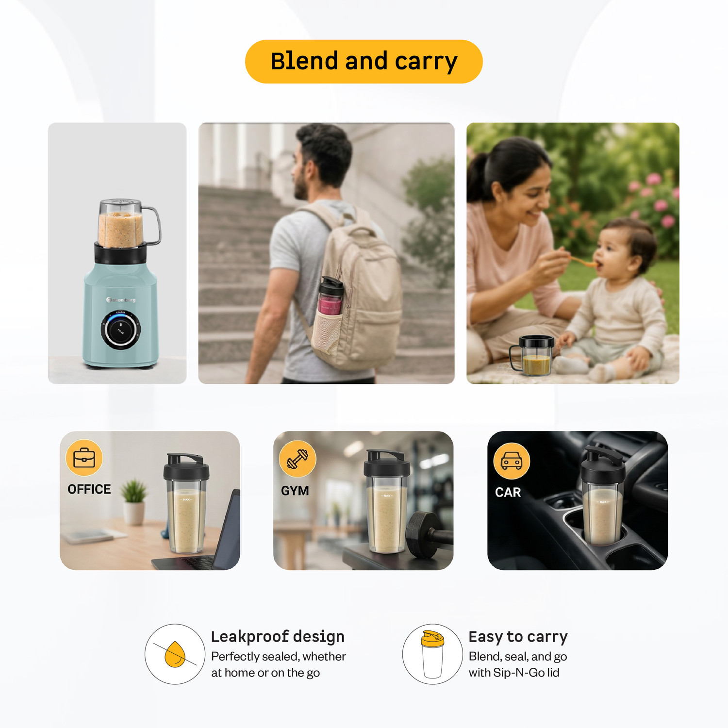 Image of Atomberg Blend&Carry Jar|0.7 Duo Jar|0.4 L Solo Jar|Shake. Sip. Store.| Mixer Juicer Jar