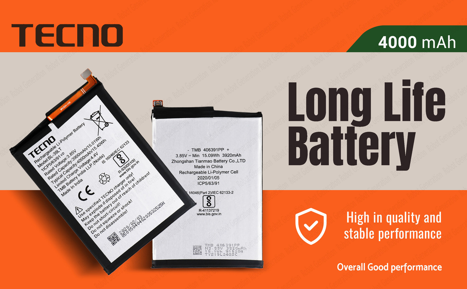 Image of Tecno Mobile Battery For BL 39LT Tecno Spark Go Plus / Spark 4 / Camon 12 Air / Vison 2 & Vision 1 Pro - 4000 mAh