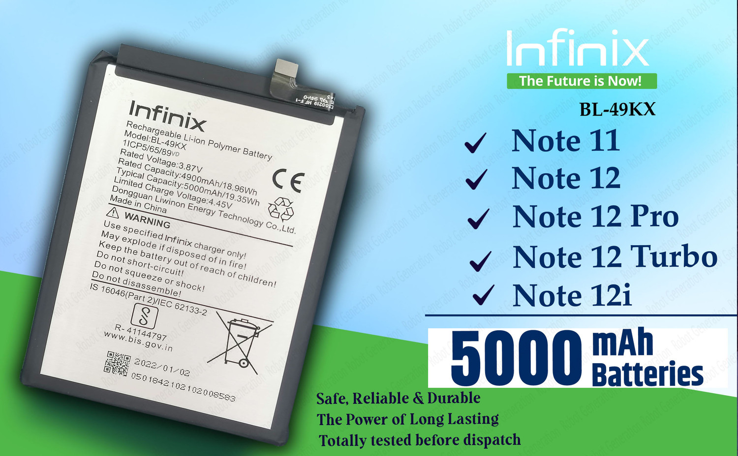 Image of Infinix Mobile Battery For BL 49KX Infinix Note 11 /NOTE 12i /Note 12 /Pro /5G /Turbo / X663 /X670 /X671 /X676 /X677 - 5000mAh