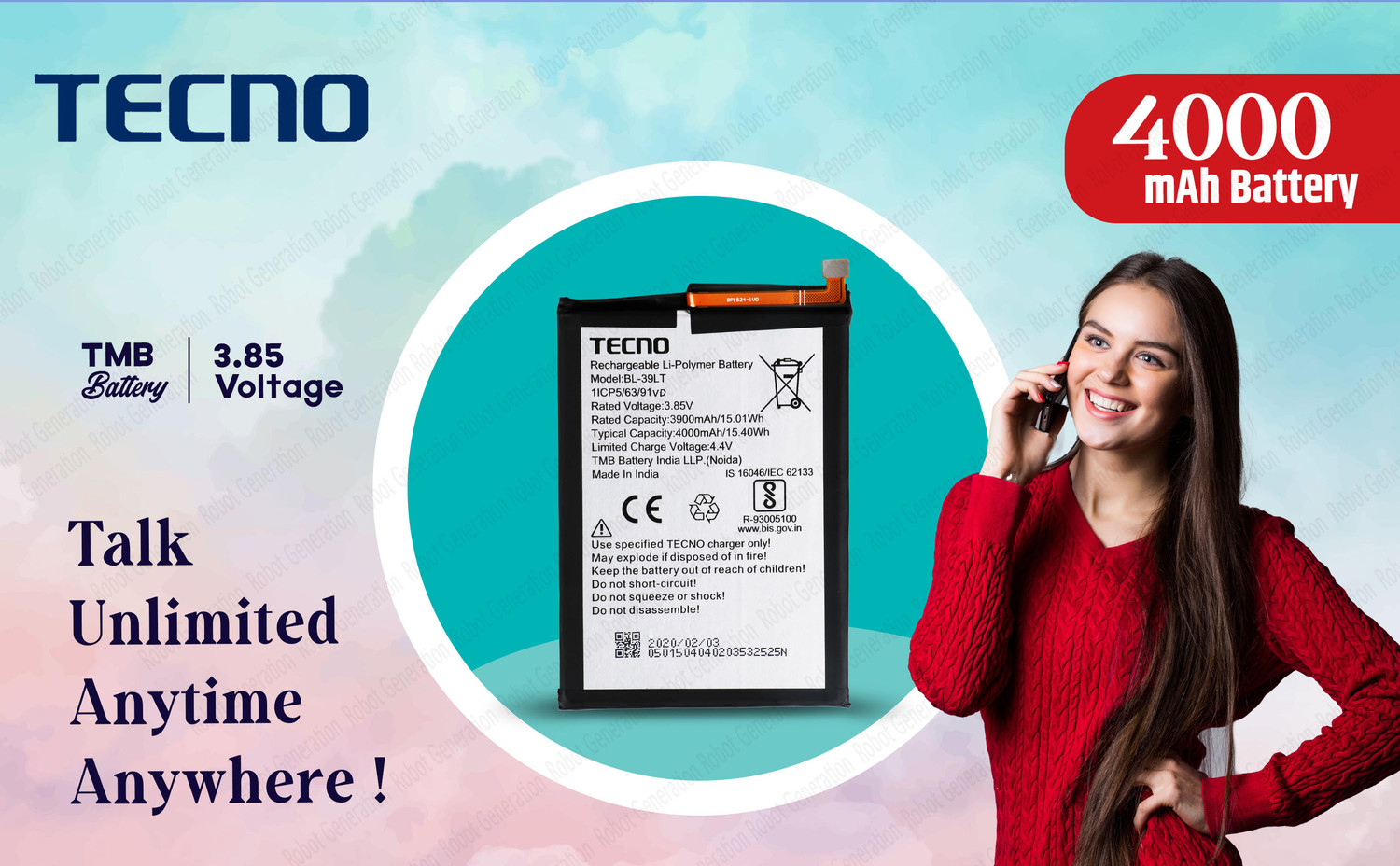 Image of Tecno Mobile Battery For BL 39LT Tecno Spark Go Plus / Spark 4 / Camon 12 Air / Vison 2 & Vision 1 Pro - 4000 mAh