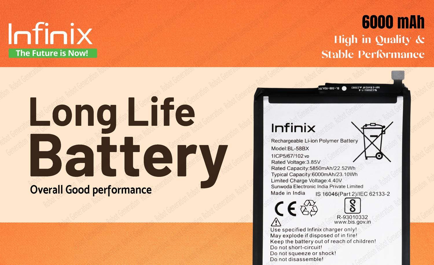 Image of Infinix Mobile Battery For BL 58BX Infinix Hot 10S / Hot 10 Play / Smart 4 Plus / Smart 5 /Hot 12 Play / Hot 12 -6000 mAh