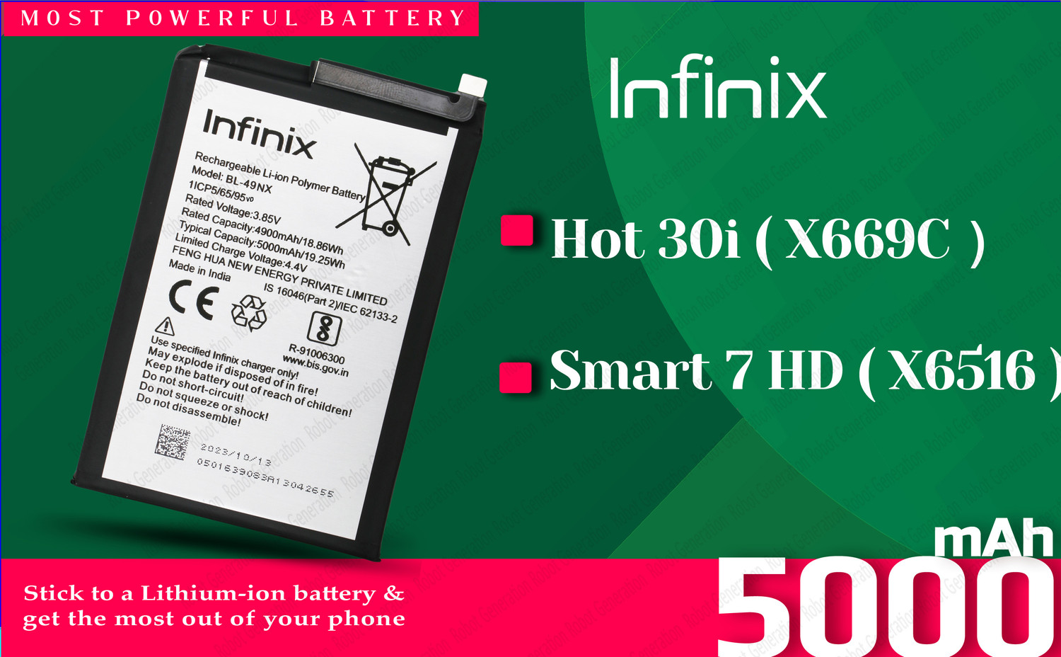 Image of Infinix Mobile Battery For BL 49NX Infinix Hot 30i ( X669C ) / Smart 7 HD( X6516 ) - 5000 mAh