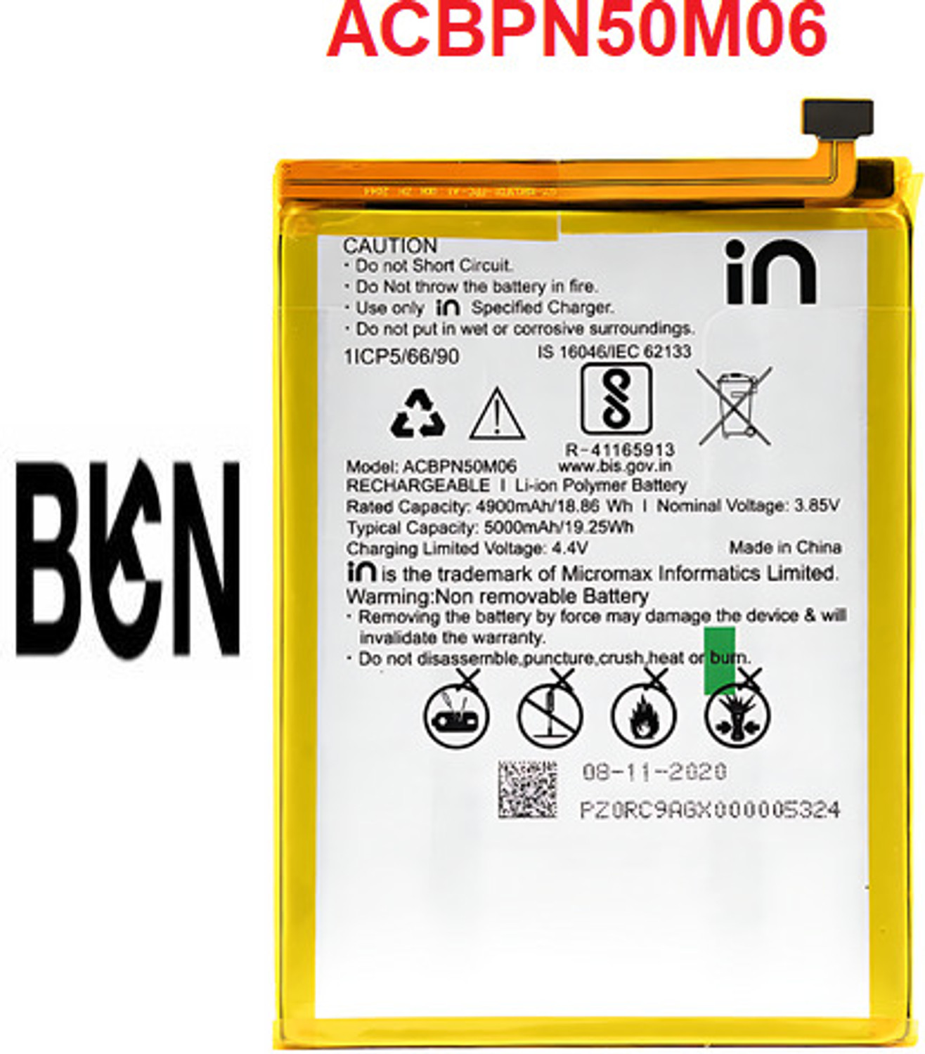 Image of BKN Mobile Battery For MICROMAX / IN QC Micromax In Note 1 / E6746 / E7746 / E6523 / E7533 (ACBPN50M06) 5000mAh