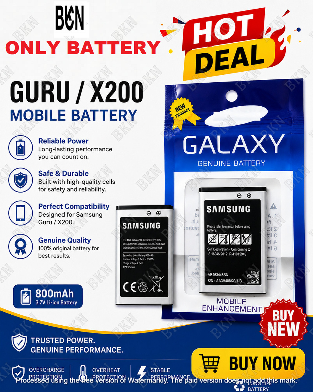 Image of BKN Mobile Battery For SAMSUNG 100^ CERTIFIED SAMSUNG GURU MUSIC 2 / GURU 1200 / X200 BATTERY 800 MAH
