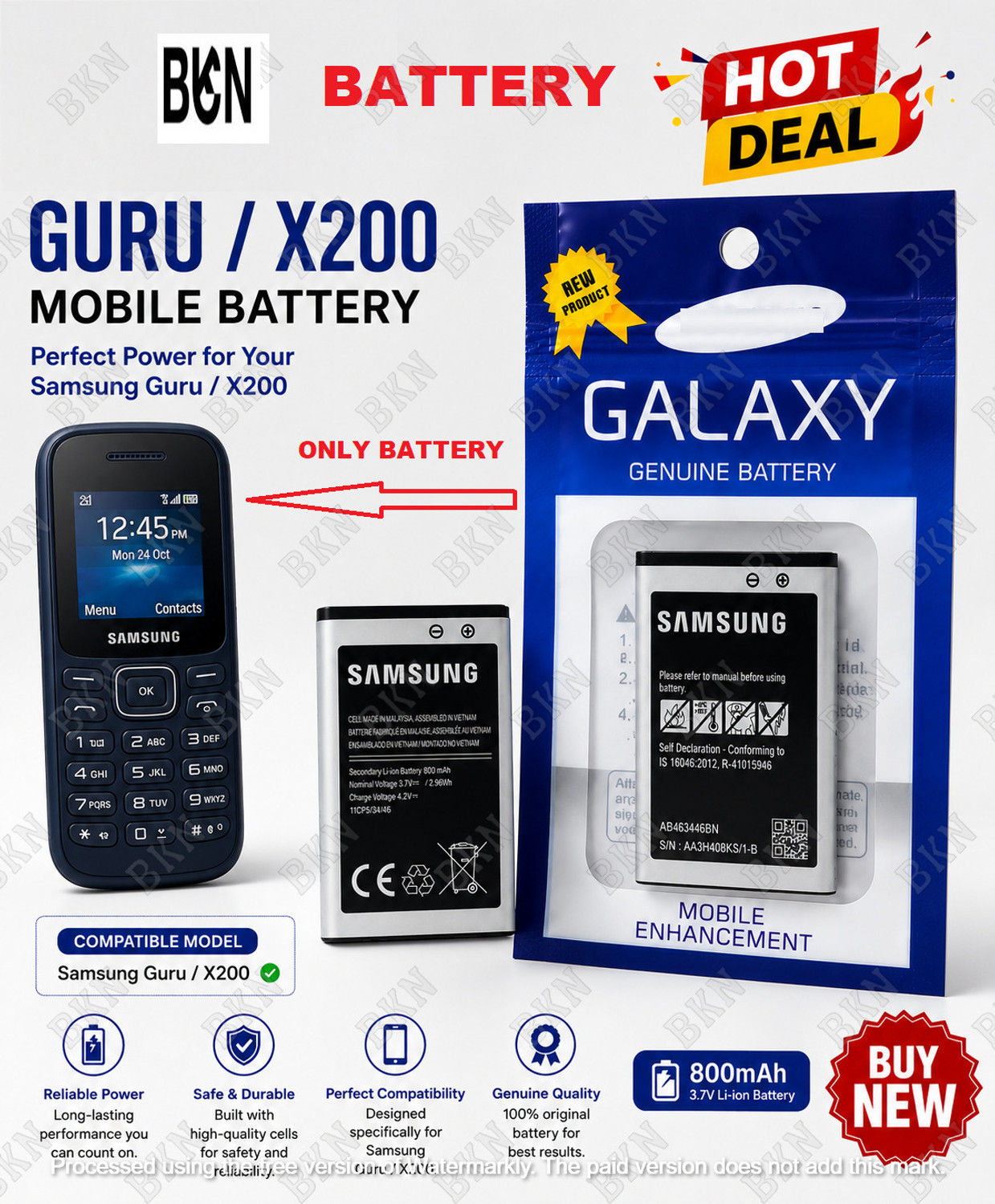 Image of BKN Mobile Battery For SAMSUNG 100^ CERTIFIED SAMSUNG GURU MUSIC 2 / GURU 1200 / X200 BATTERY 800 MAH