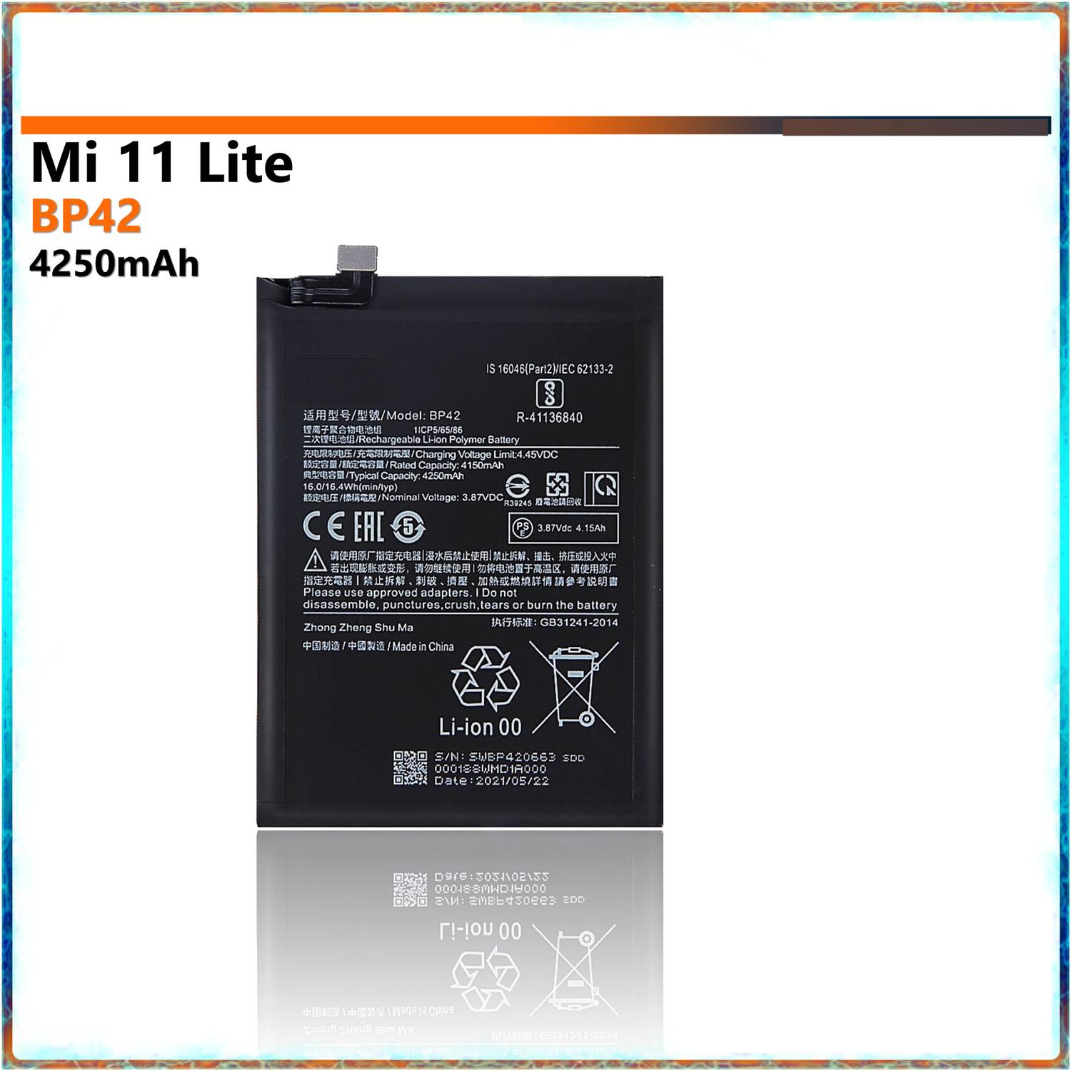 Batteria Compatibile Xiaomi Mi 11 Lite 5G, BP42, 4150mAh, Nera, Con Clip E Connettore USB-C - Foto 6