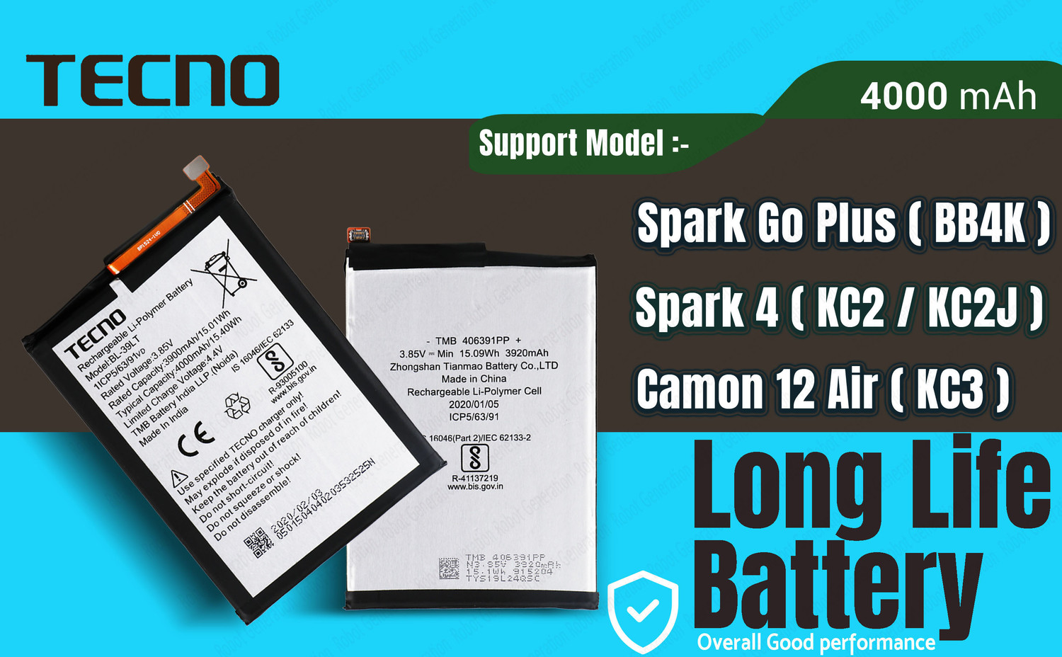 Image of Tecno Mobile Battery For BL 39LT Tecno Spark Go Plus / Spark 4 / Camon 12 Air / Vison 2 & Vision 1 Pro - 4000 mAh