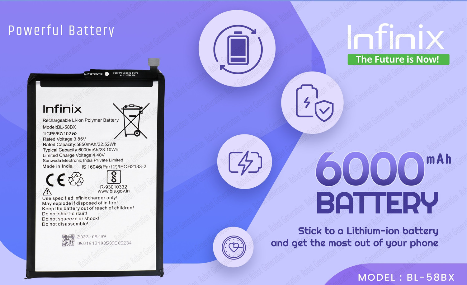 Image of Infinix Mobile Battery For BL 58BX Infinix Hot 10S / Hot 10 Play / Smart 4 Plus / Smart 5 /Hot 12 Play / Hot 12 -6000 mAh