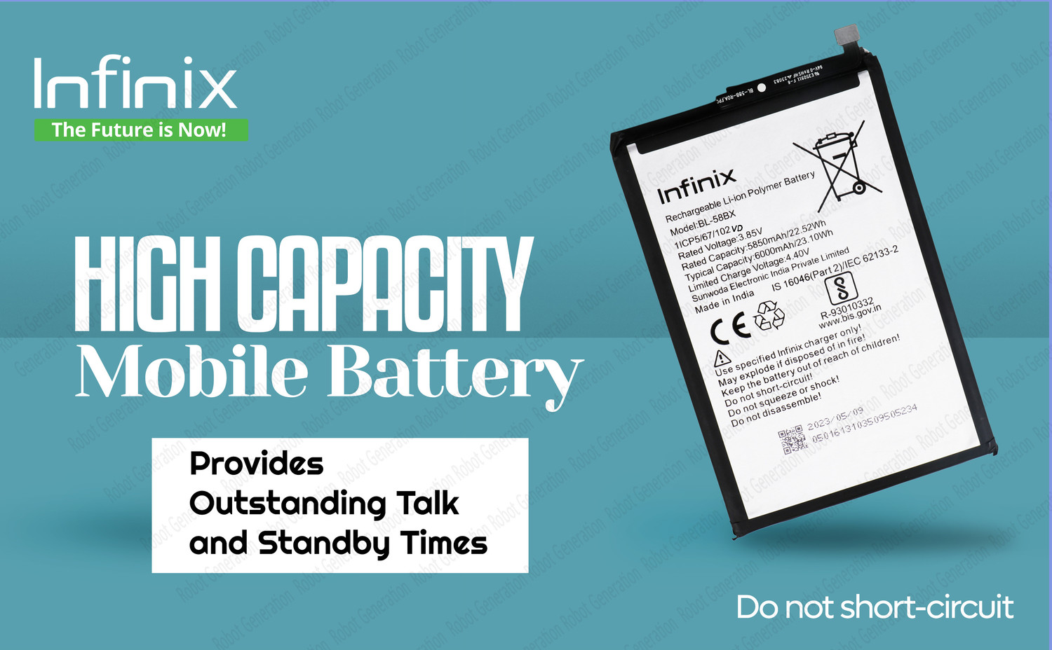Image of Infinix Mobile Battery For BL 58BX Infinix Hot 10 Play /Smart 4 Plus /Smart 5 /Hot 10S /Hot 12 Play / Hot 12 -6000 mAh