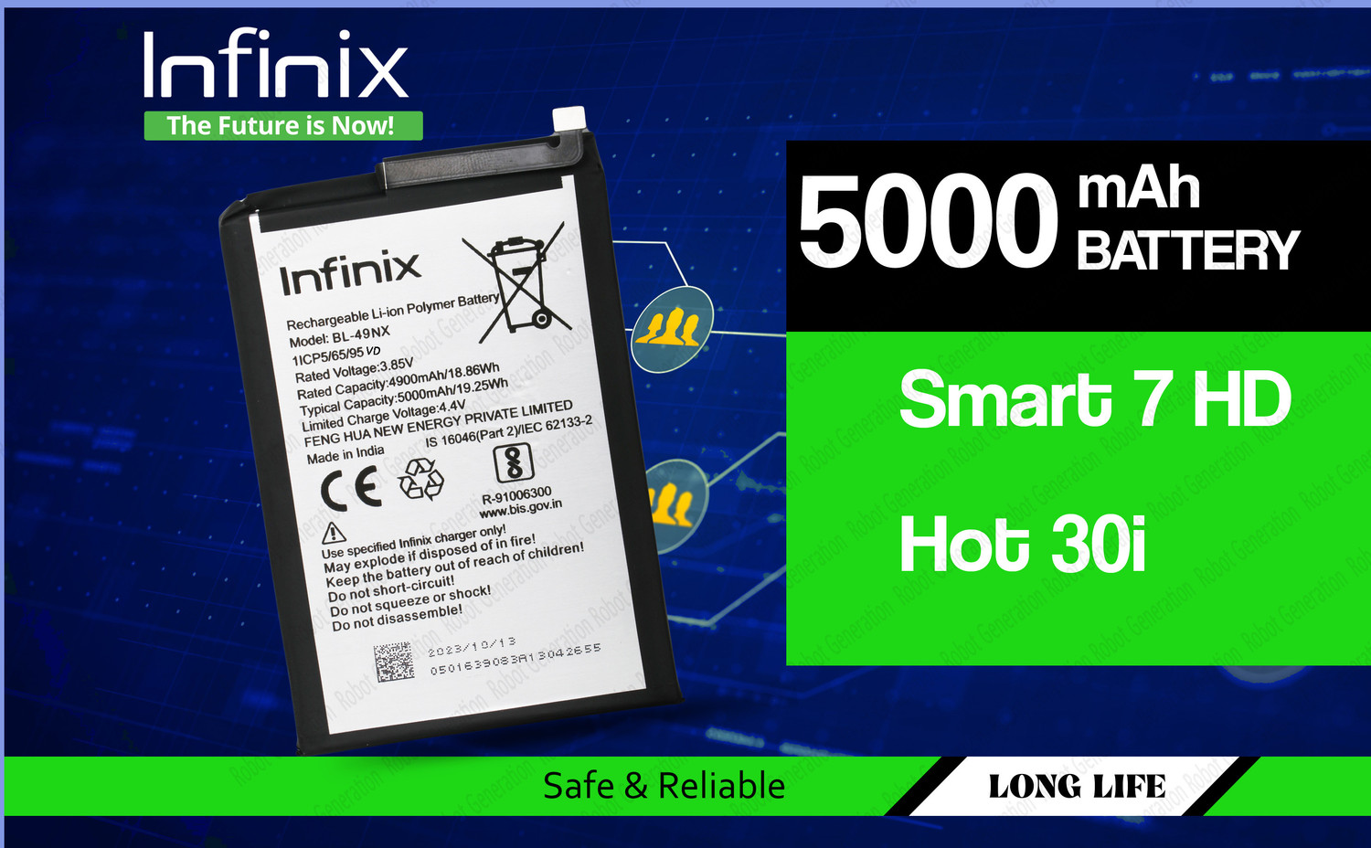 Image of Infinix Mobile Battery For BL 49NX Infinix Hot 30i ( X669C ) / Smart 7 HD( X6516 ) - 5000 mAh