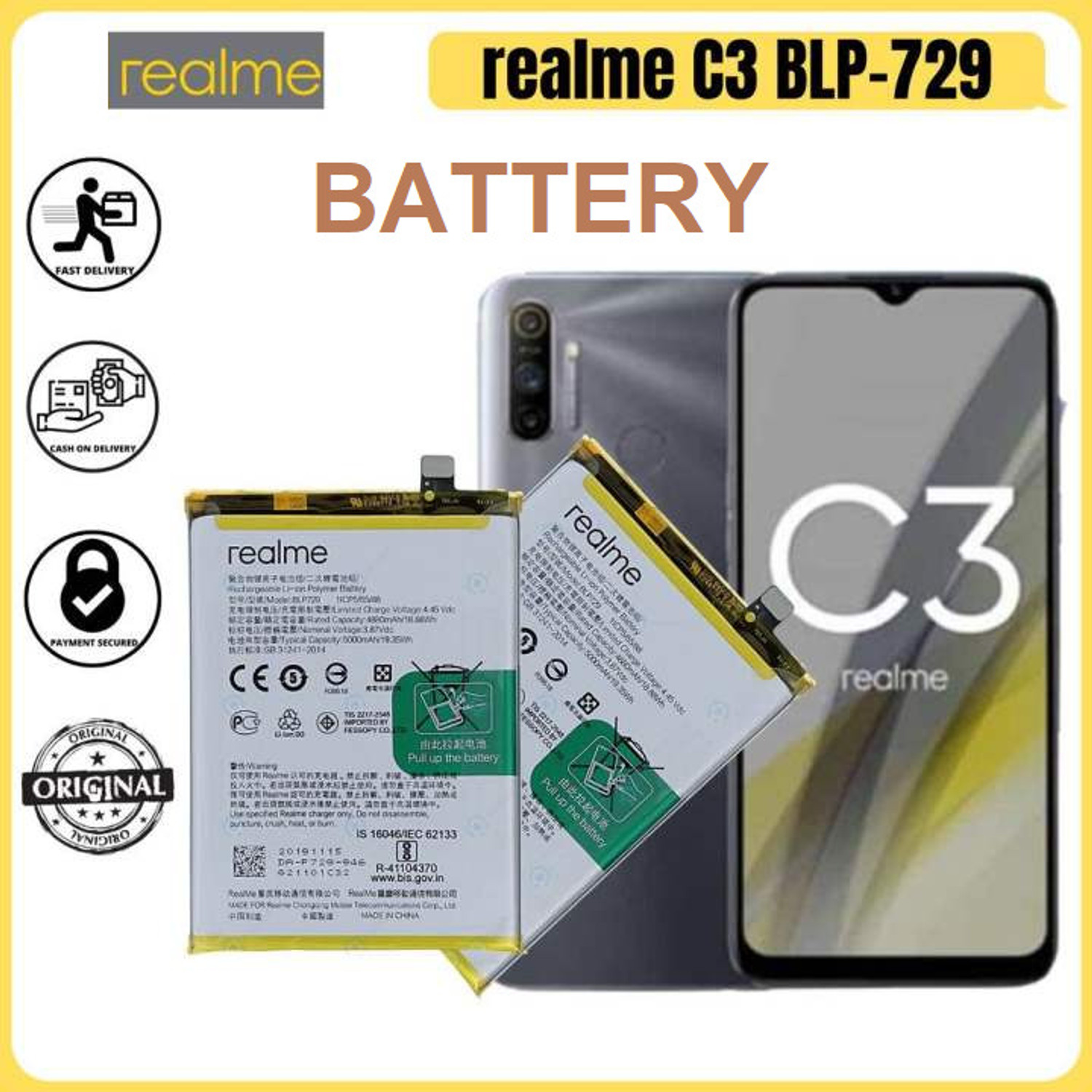 Image of BKN Mobile Battery For REALME REALME C3 MOBILE PHONE ORIGNAL BATTERY (BLP729) 5000 MAH
